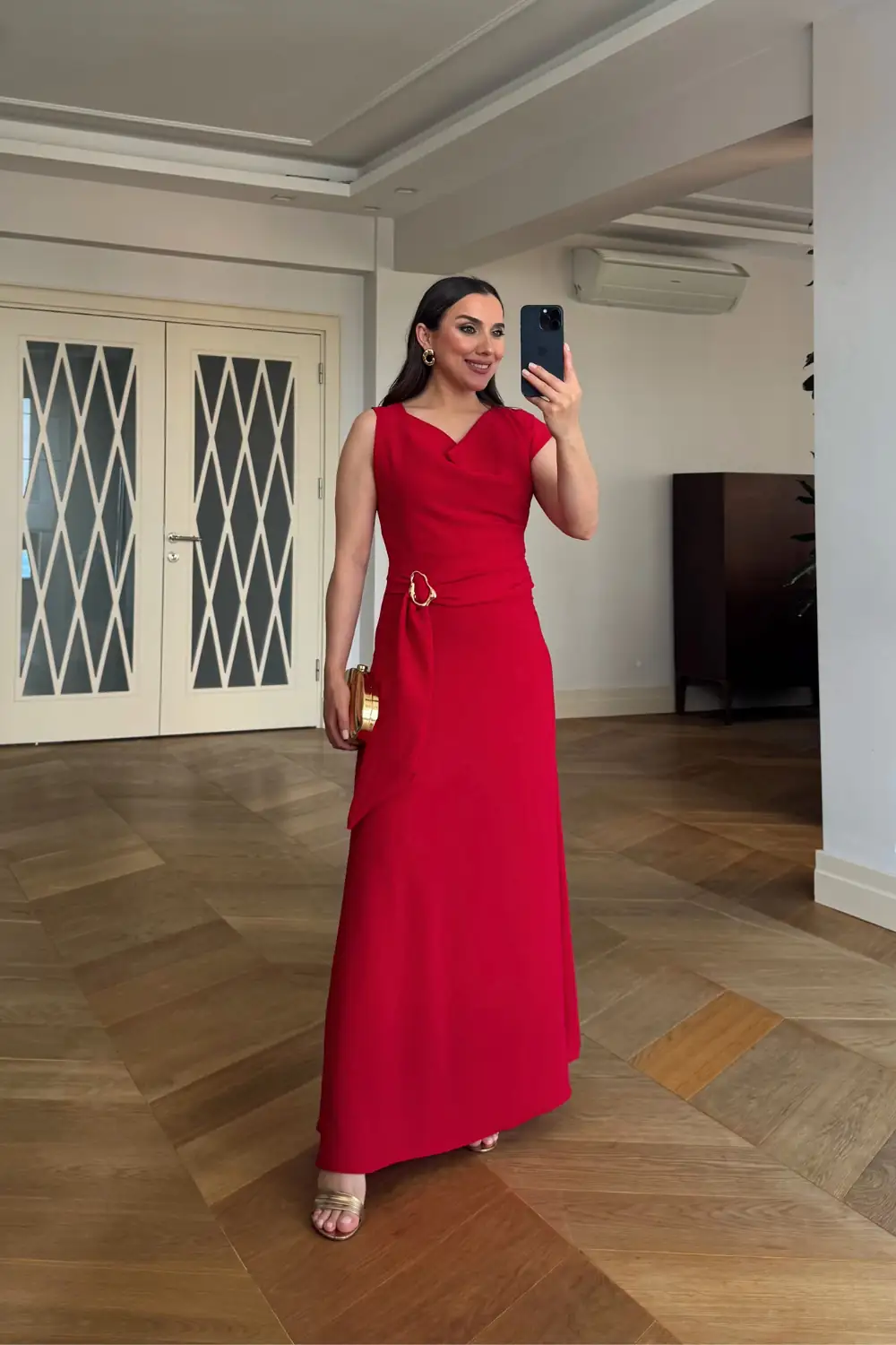 Degaje Yaka Kemer Detaylı Midi elbise - Kırmızı