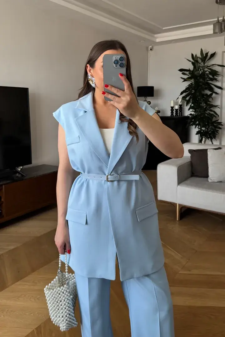 Kemerli Oversize Kadın Yelek - Bebe Mavi