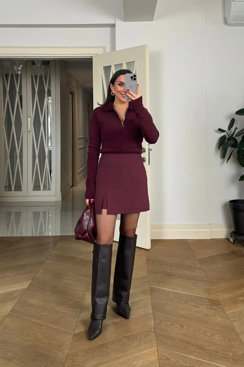 Yırtmaç Detaylı Mini Şort Etek - BORDO
