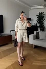 Keten Karışımlı Gömlek Şort Kadın Takım 3