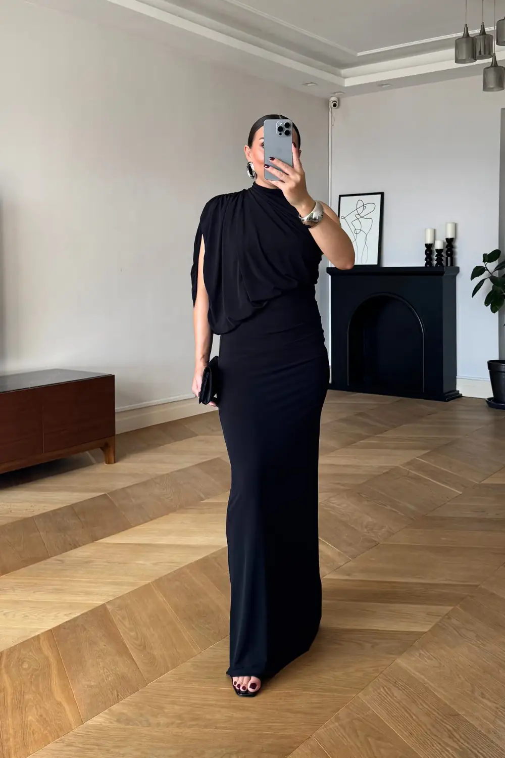 Tek Omuz Drape Detaylı Uzun Elbise 3