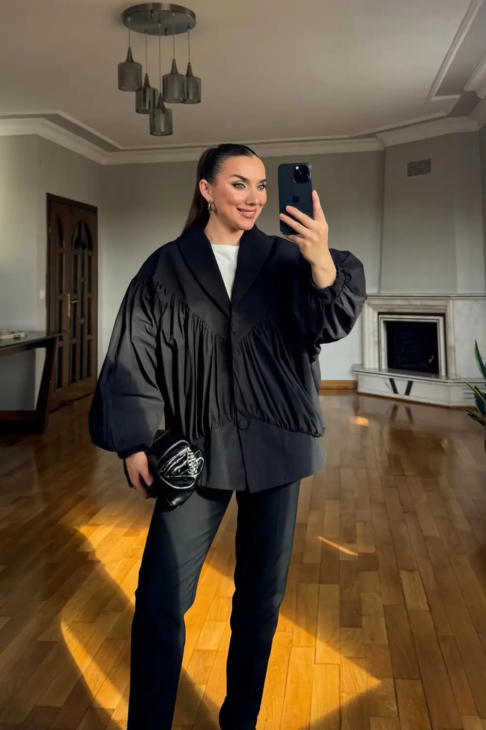 Büzgü Detaylı Kaplama Düğmeli Mont 4
