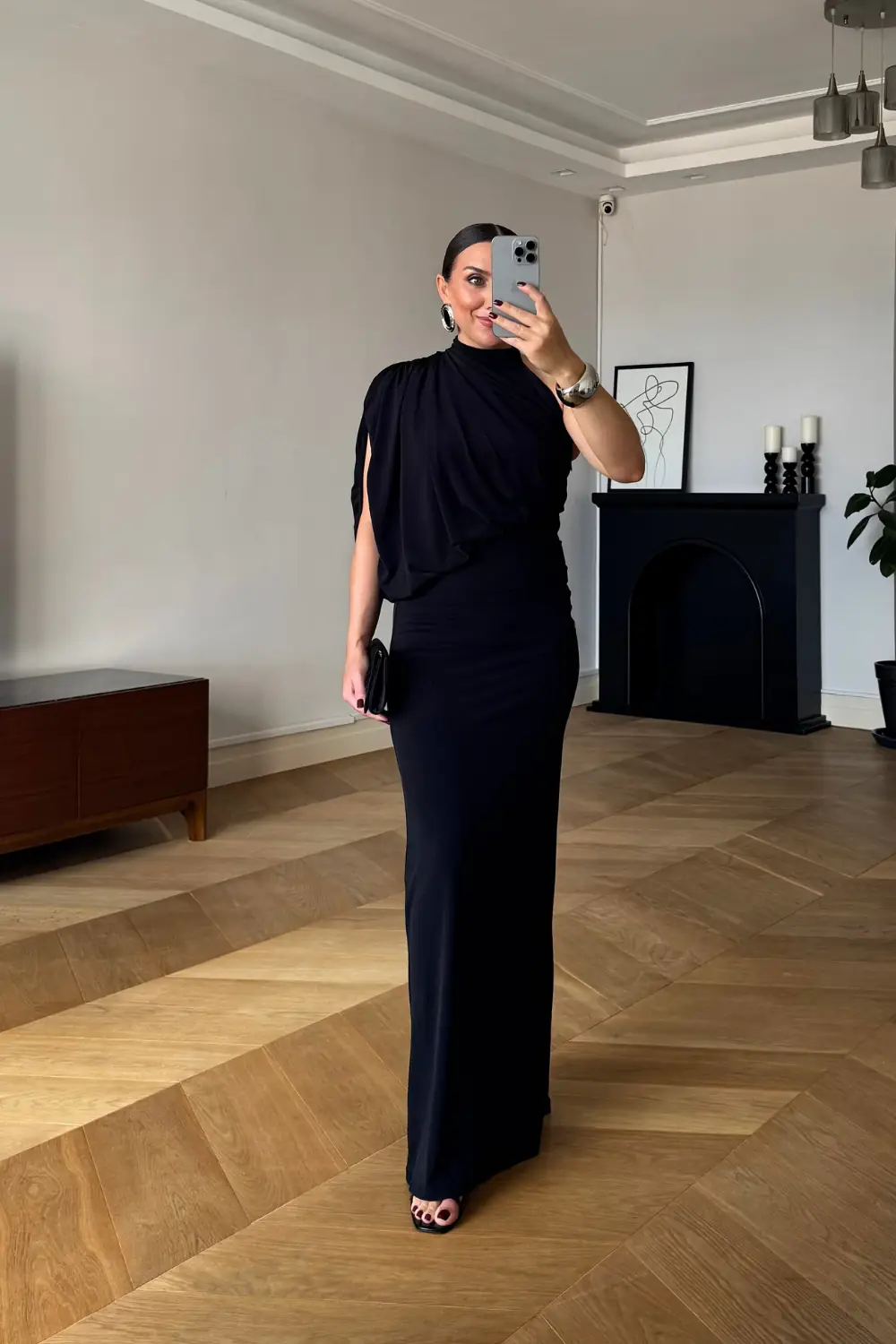 Tek Omuz Drape Detaylı Uzun Elbise 1