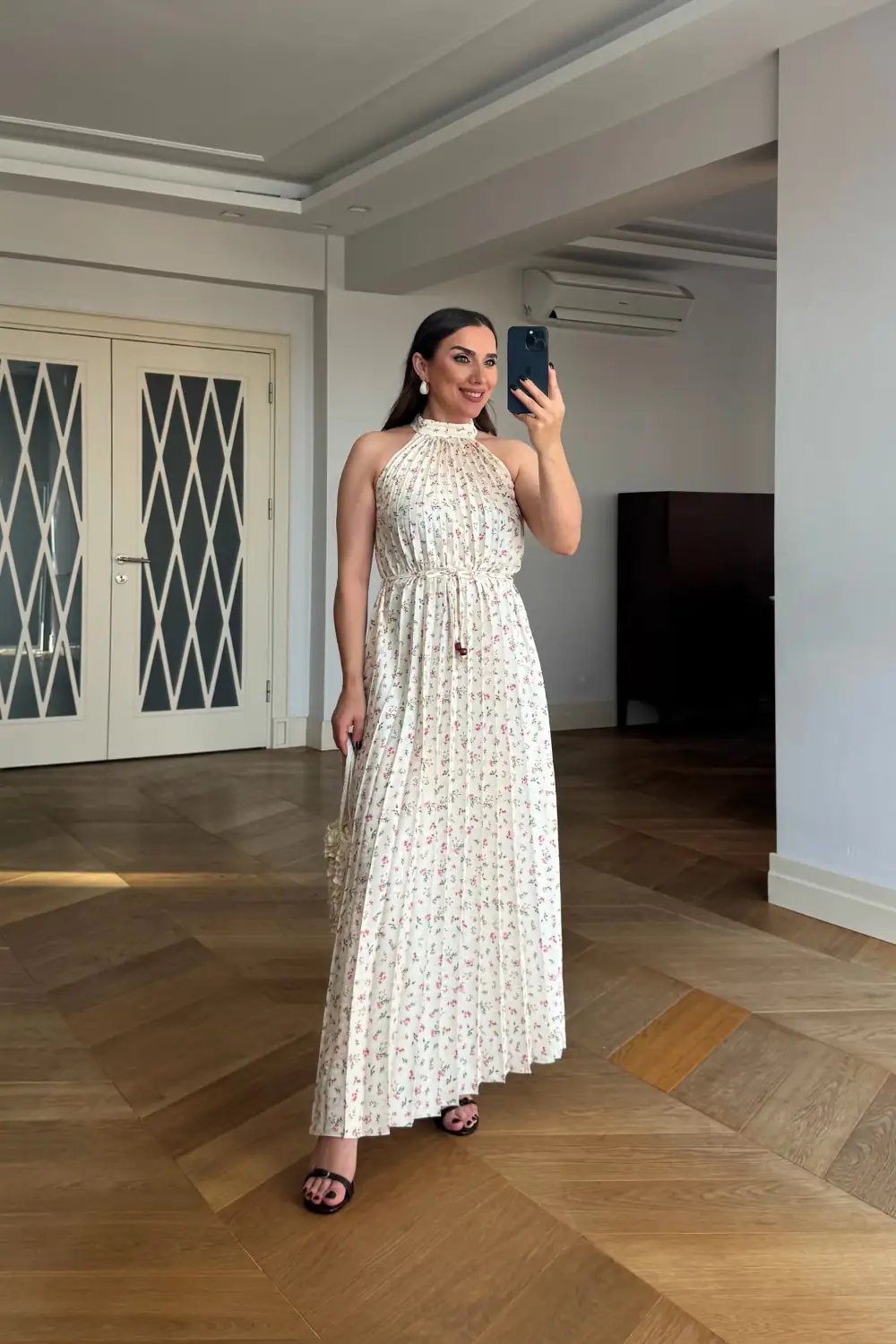 Halter Yaka Çiçek Desenli Midi Elbise - Sarı