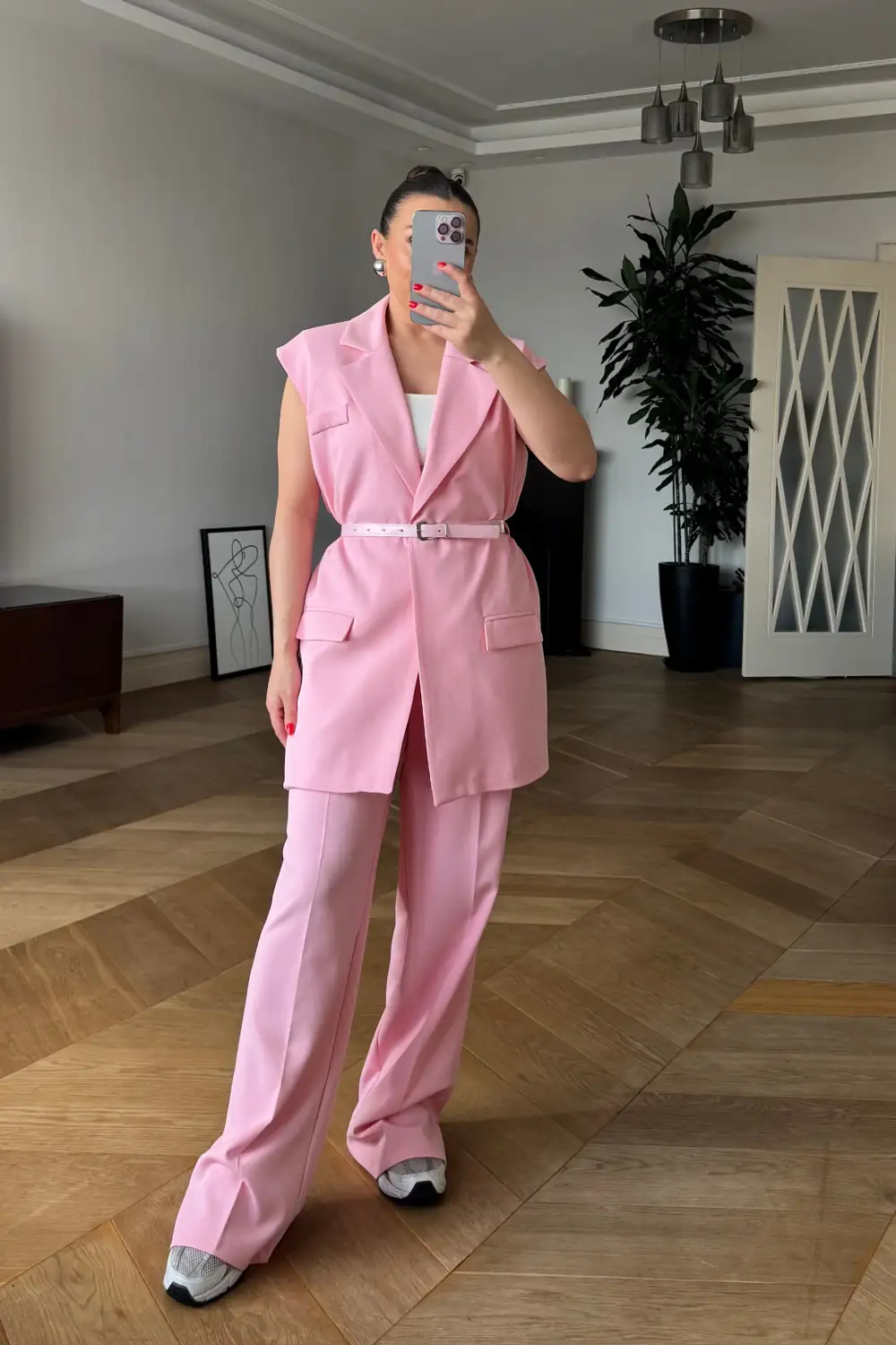 Kemerli Oversize Kadın Yelek - Pembe