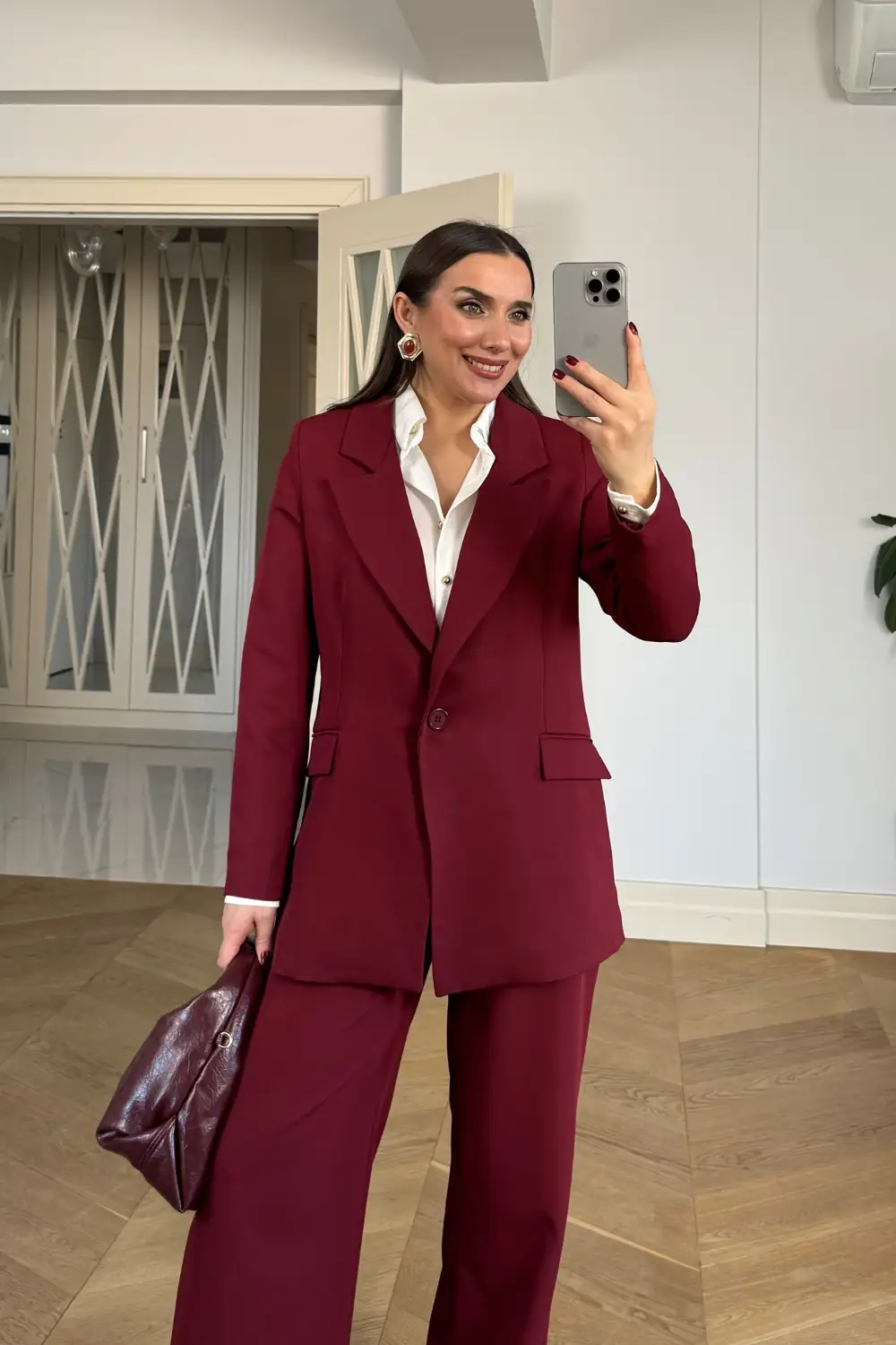 Tek Düğmeli Blazer Kadın Ceket - BORDO