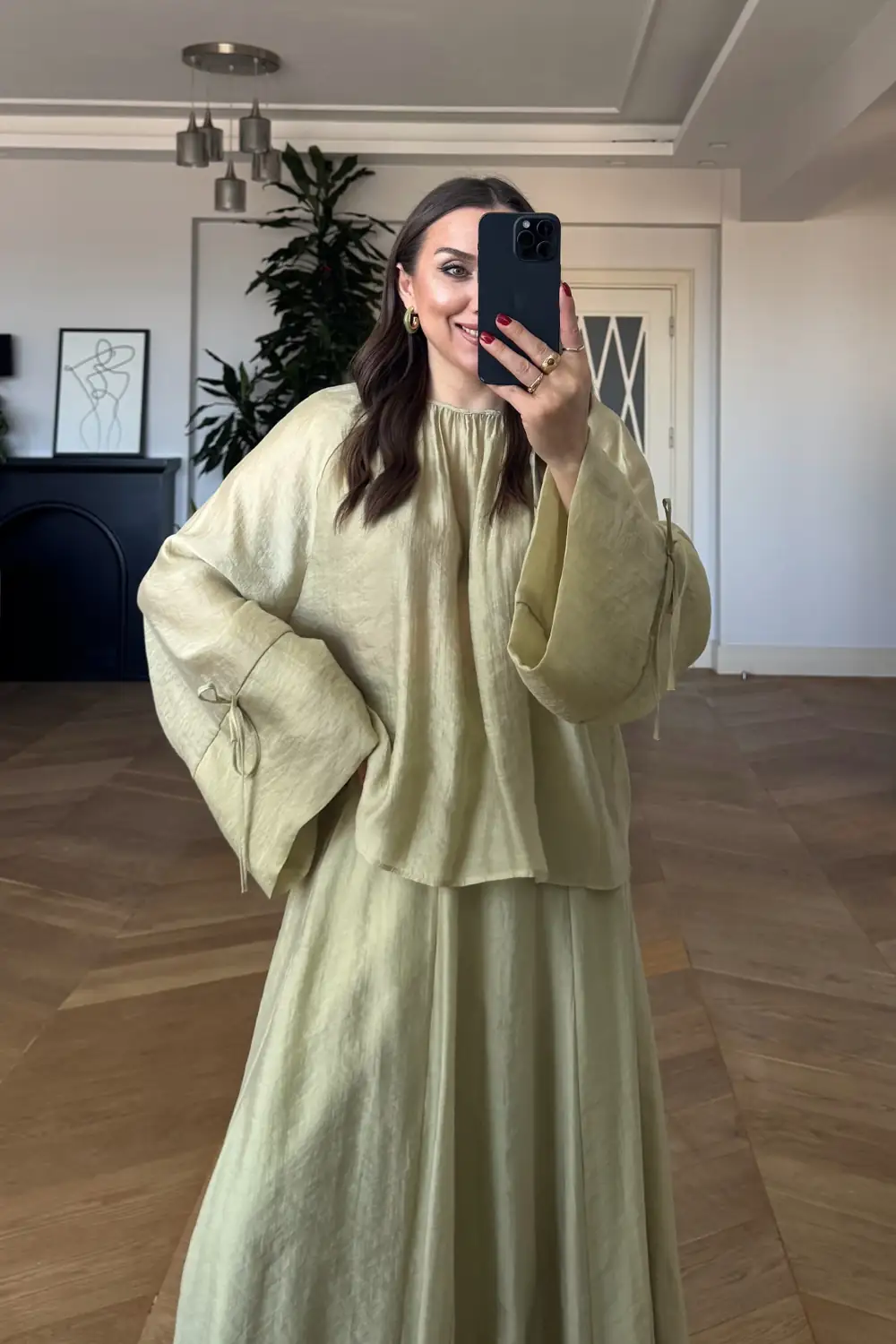 Büzgü Detaylı Bluz Etek Tencel Takım - Yeşil