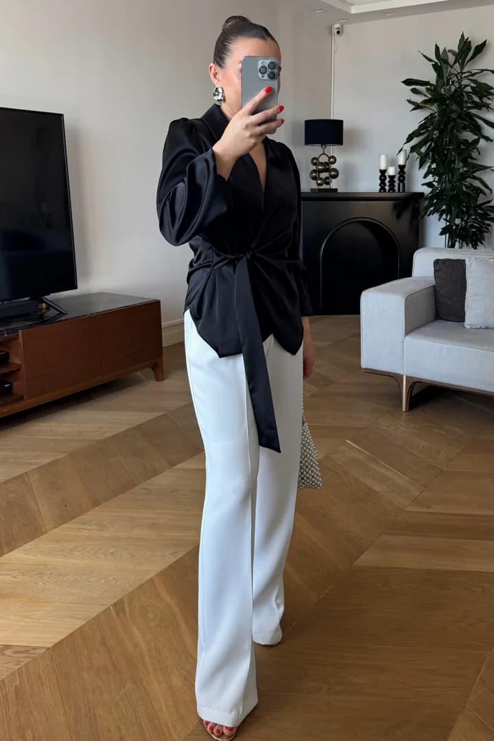 Kruvaze Bağlamalı Saten Bluz 3
