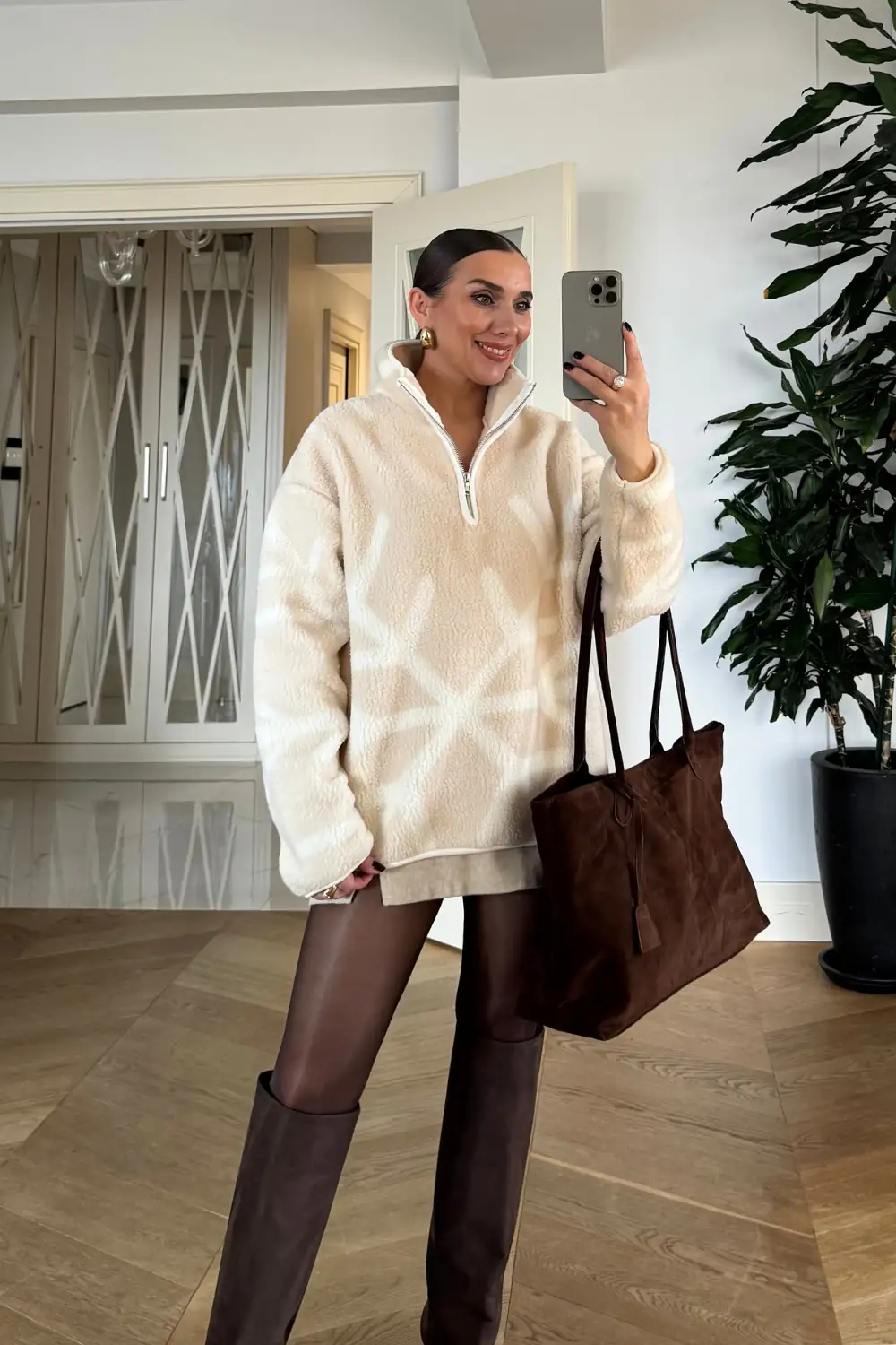 Dik Yaka Polar Kadın Sweatshirt - Ekru