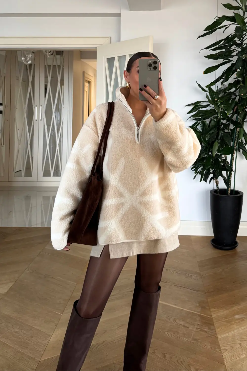 Dik Yaka Polar Kadın Sweatshirt - Ekru