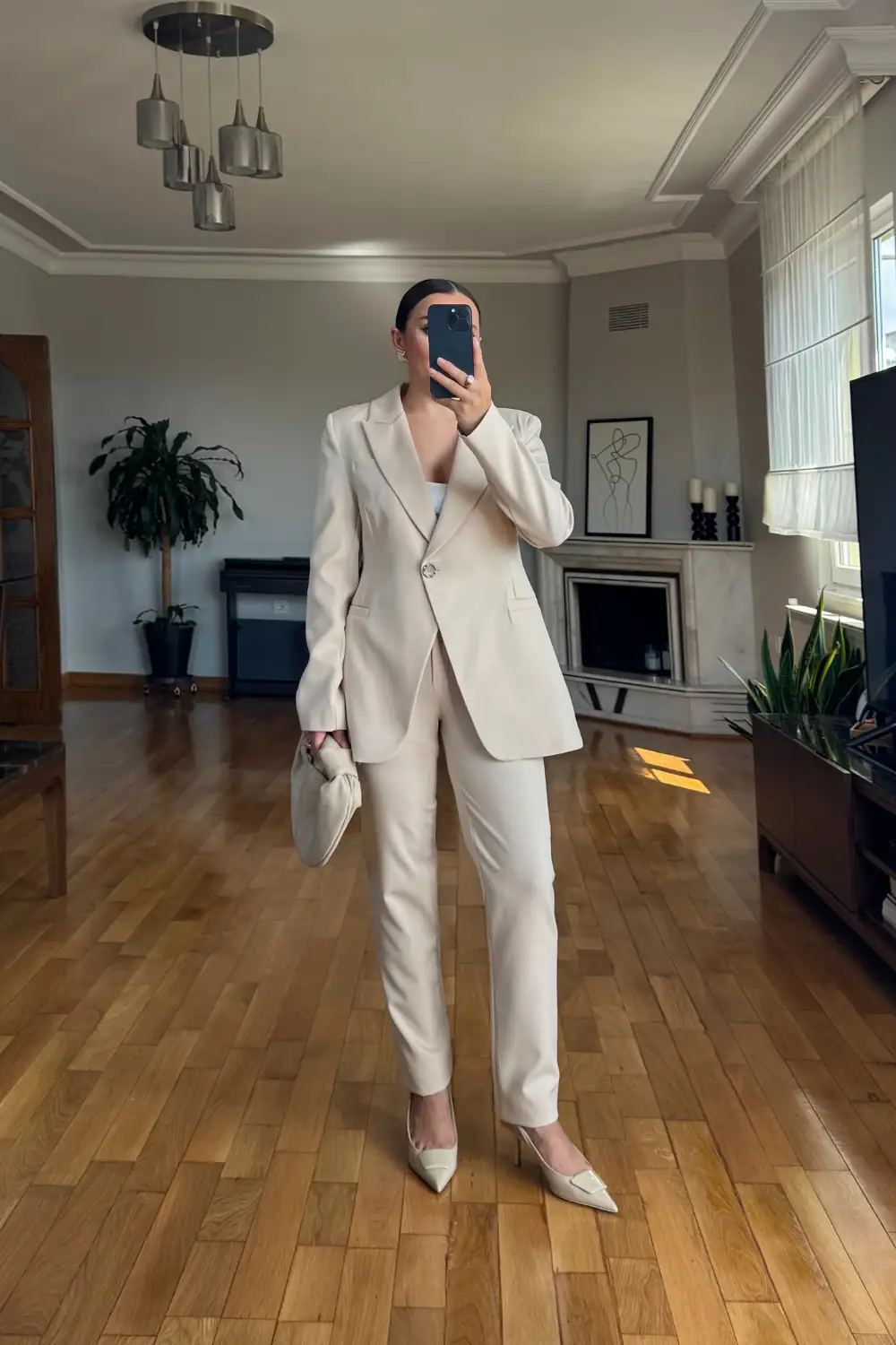 Tek Düğme Blazer Ceket Pantolon Kadın Takım - Bej