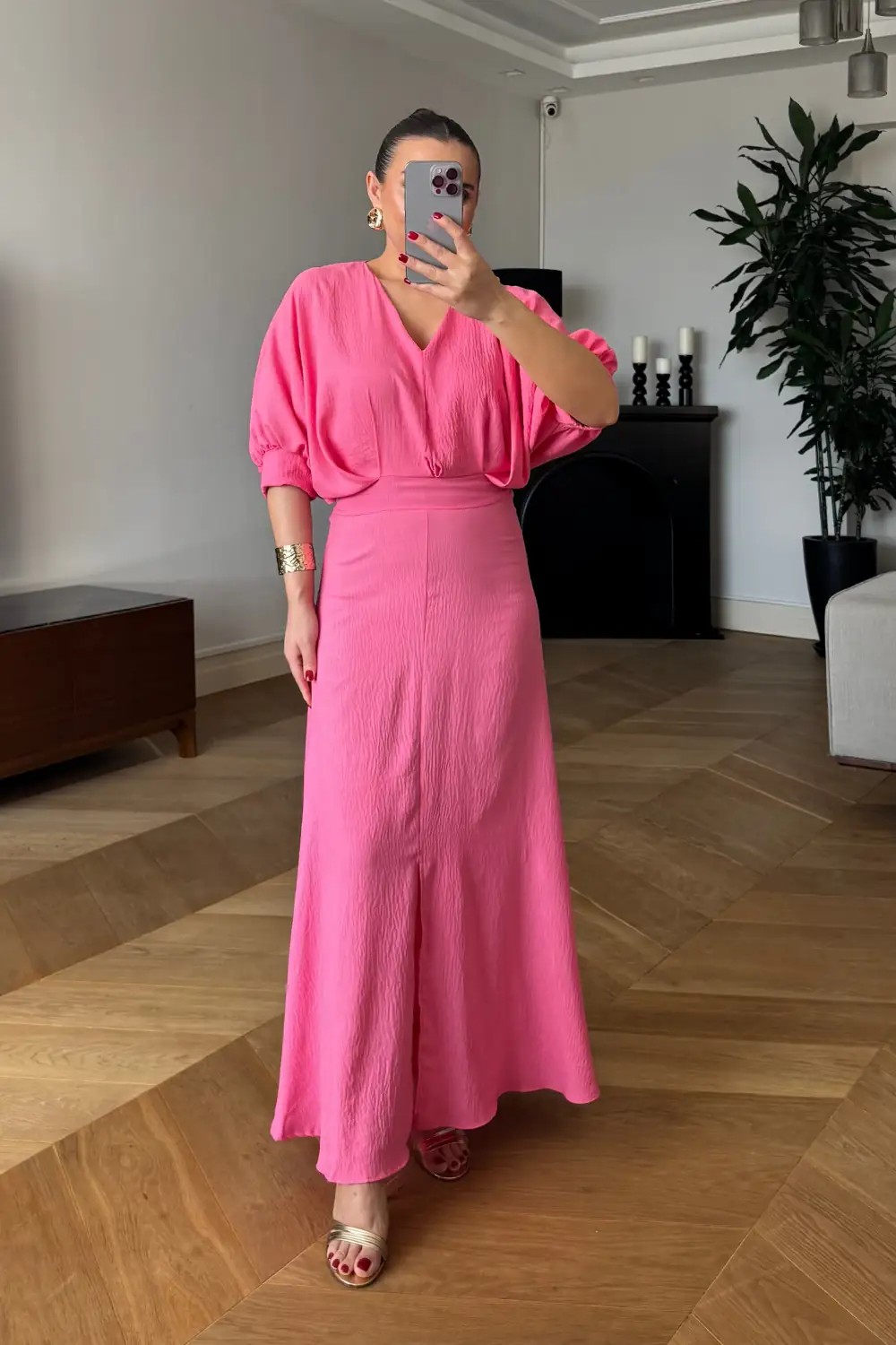 V Yaka Kısa Kollu Uzun Elbise - Koyu Pembe