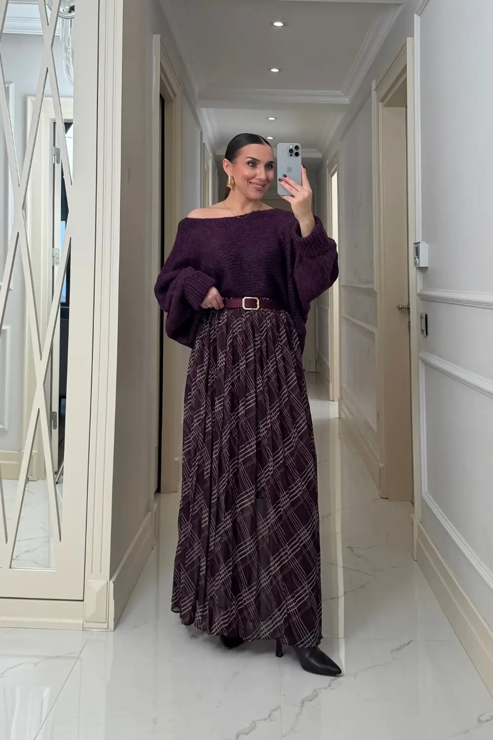 Desenli Beli Lastikli Şifon Uzun Etek 6