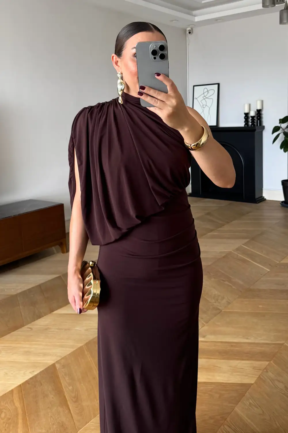 Tek Omuz Drape Detaylı Uzun Elbise 3