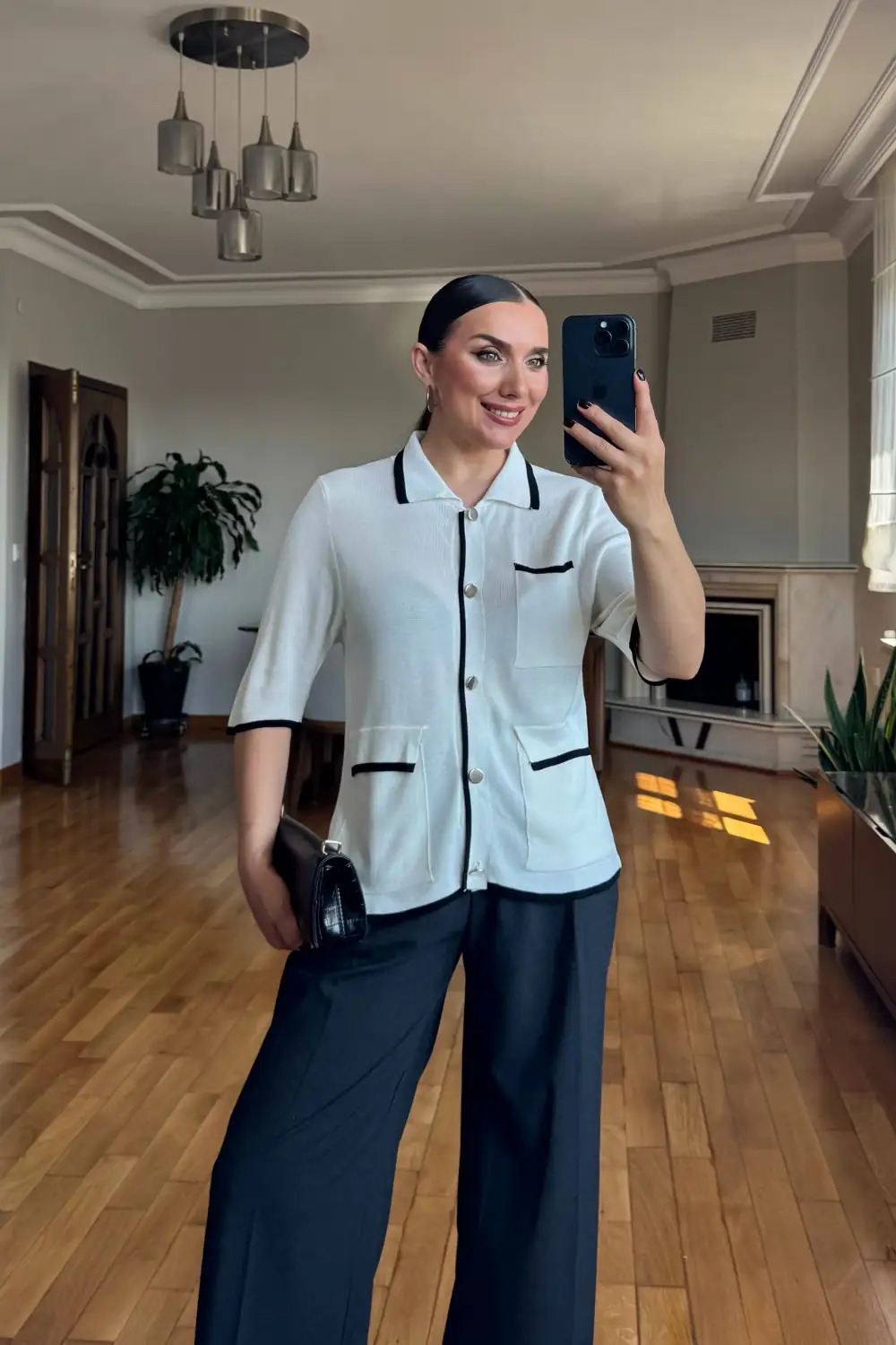 Çizgili Kısa Kollu Kadın Triko Hırka - Ekru