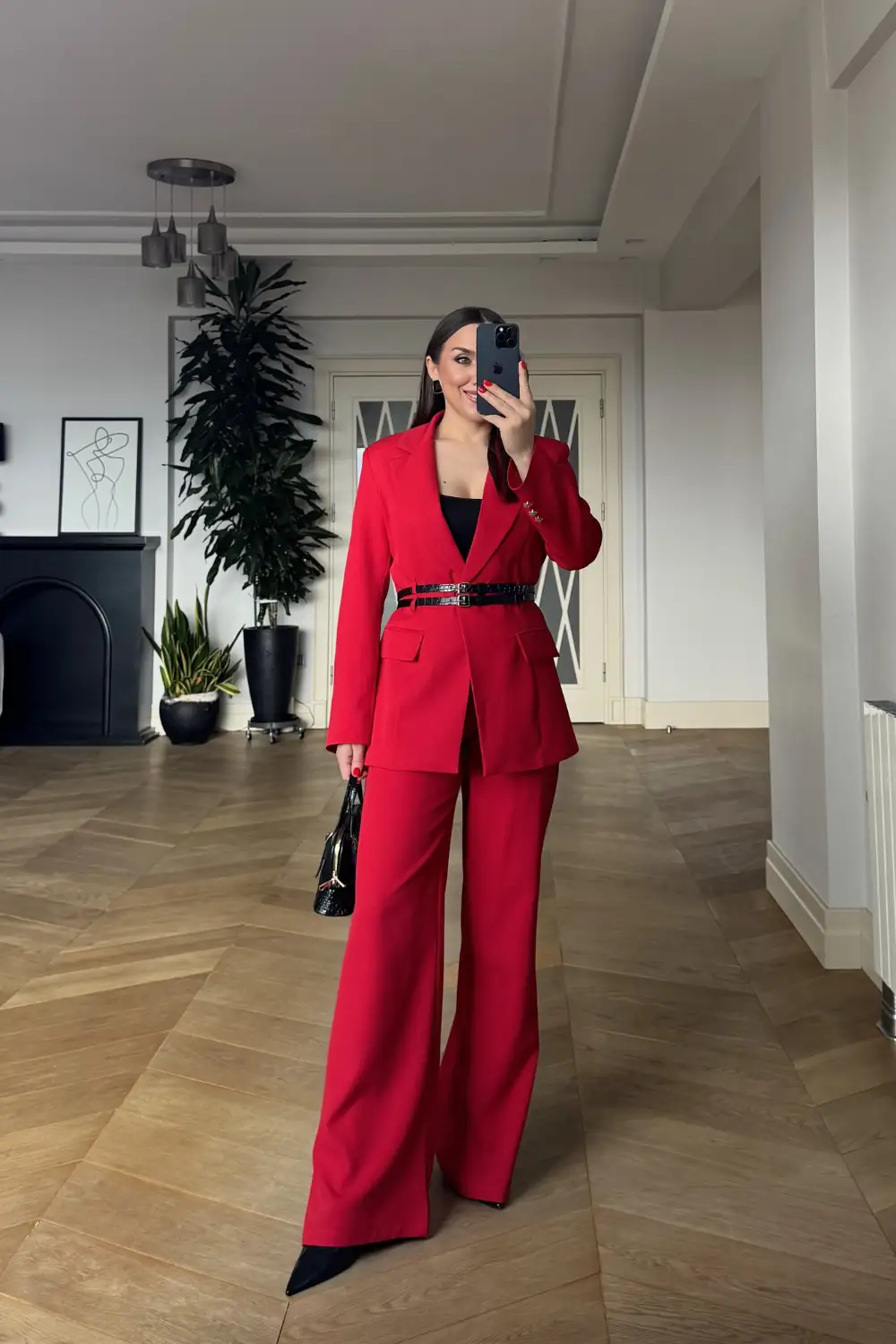 Çift Kemerli Blazer Ceket Pantolon Kadın Takım