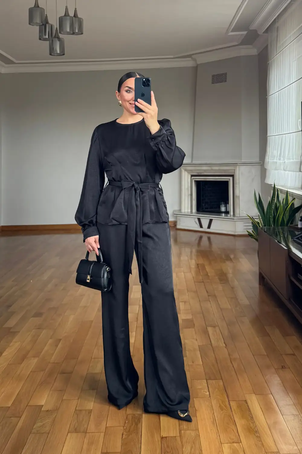 Saten Kuşaklı Bluz Pantolon Takım - SİYAH