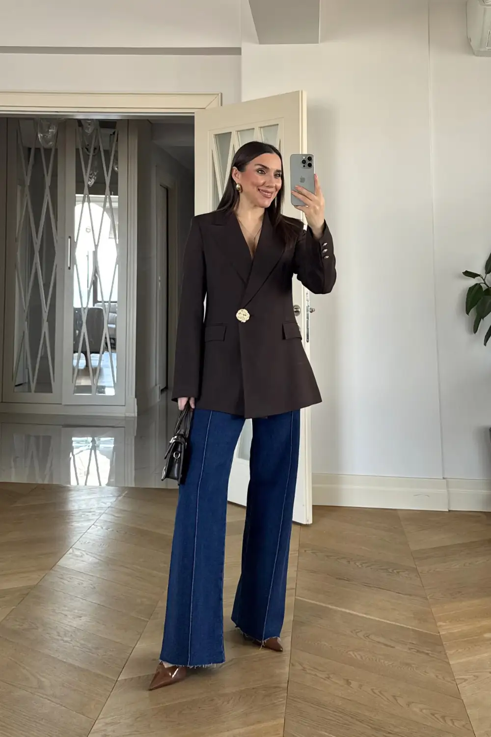 Gold Düğmeli Blazer Kadın Ceket - Kahverengi
