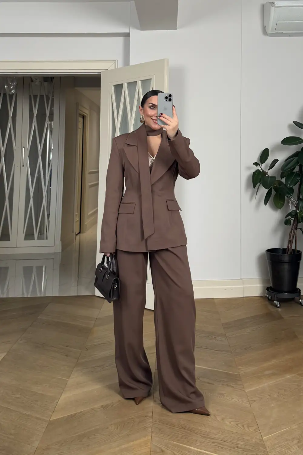 Fular Detaylı Blazer Kadın Ceket - Kahverengi