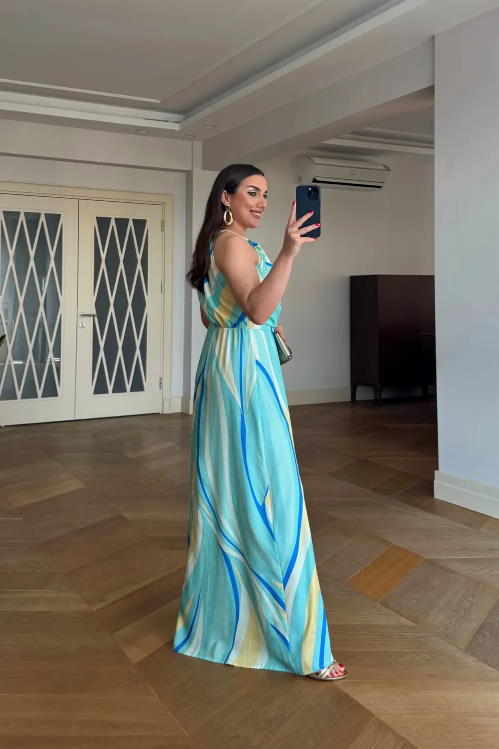 Desenli Halter Yaka Uzun Elbise - Sarı