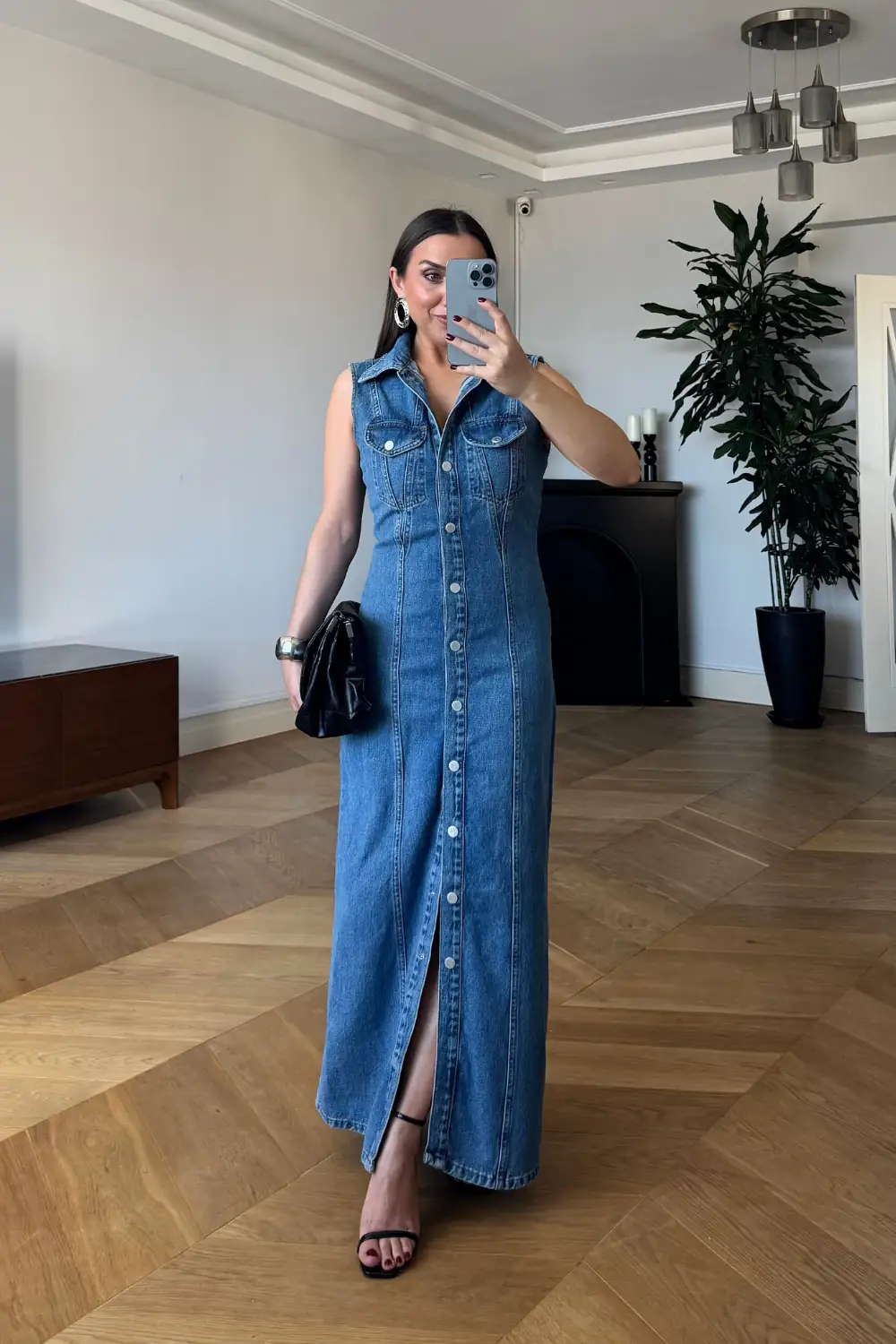Sıfır Kol Denim Uzun Gömlek Elbise 1