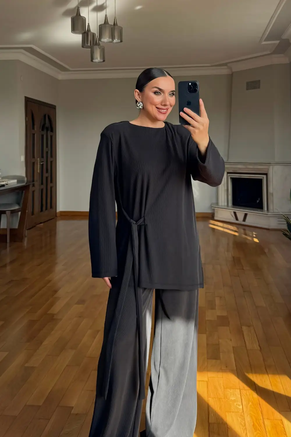 Vatkalı Bağlama Detaylı Bluz Pantolon Takım 4