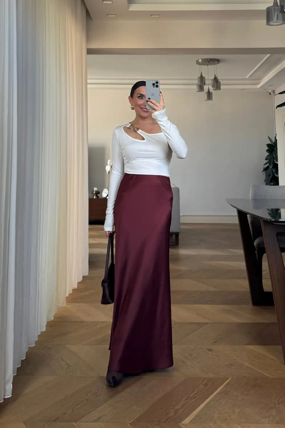 Beli Lastikli Uzun Saten Etek - BORDO