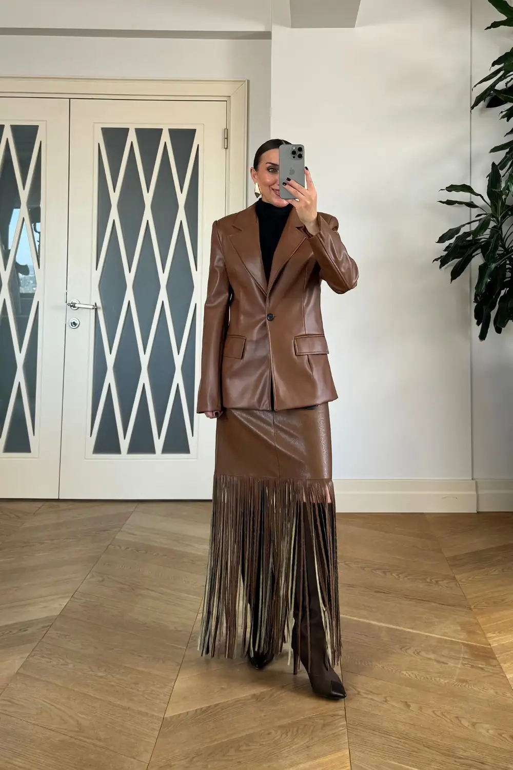Suni Deri Blazer Kadın Ceket - Taba