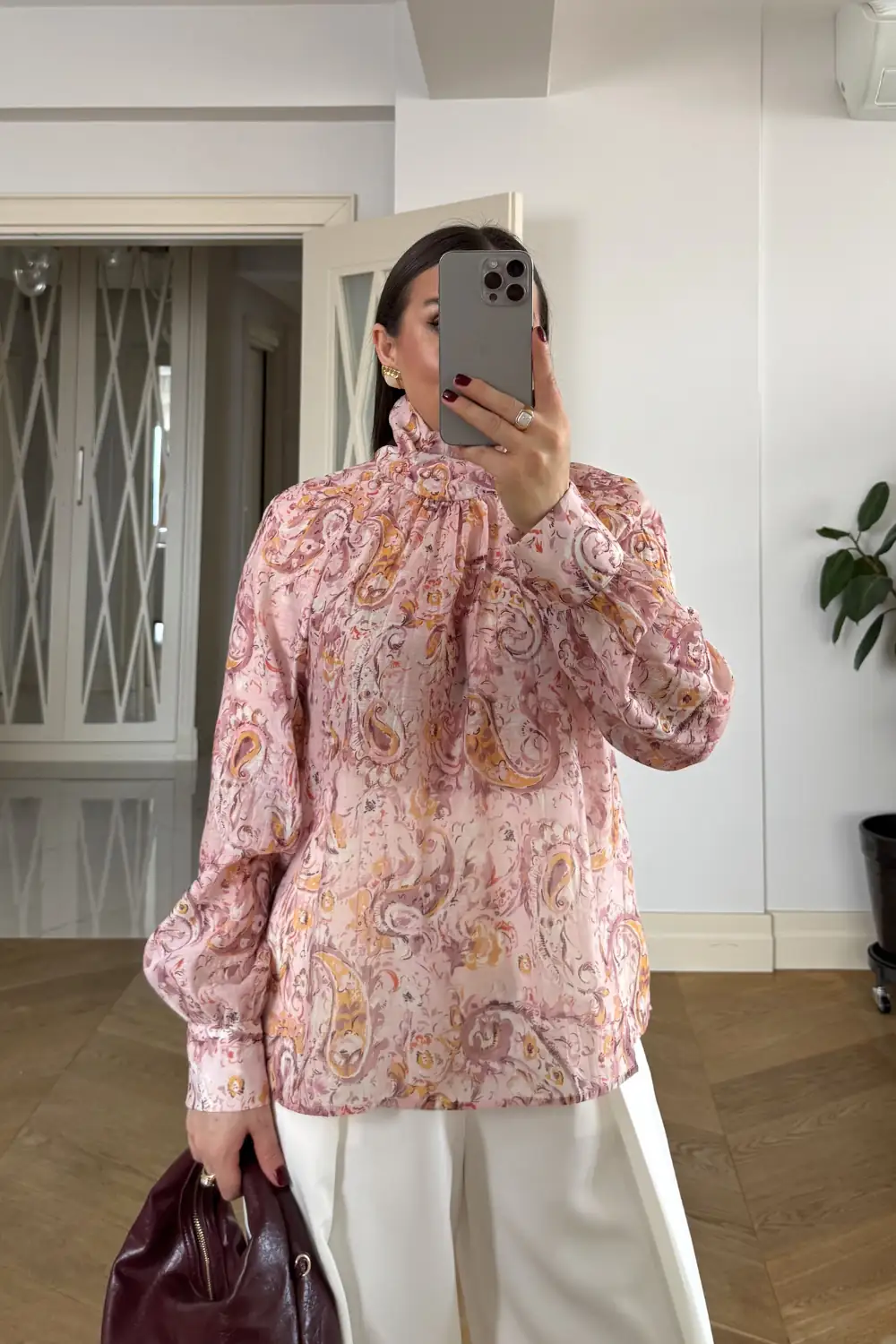 Desenli Şal Yaka Uzun Kollu Bluz - Pembe