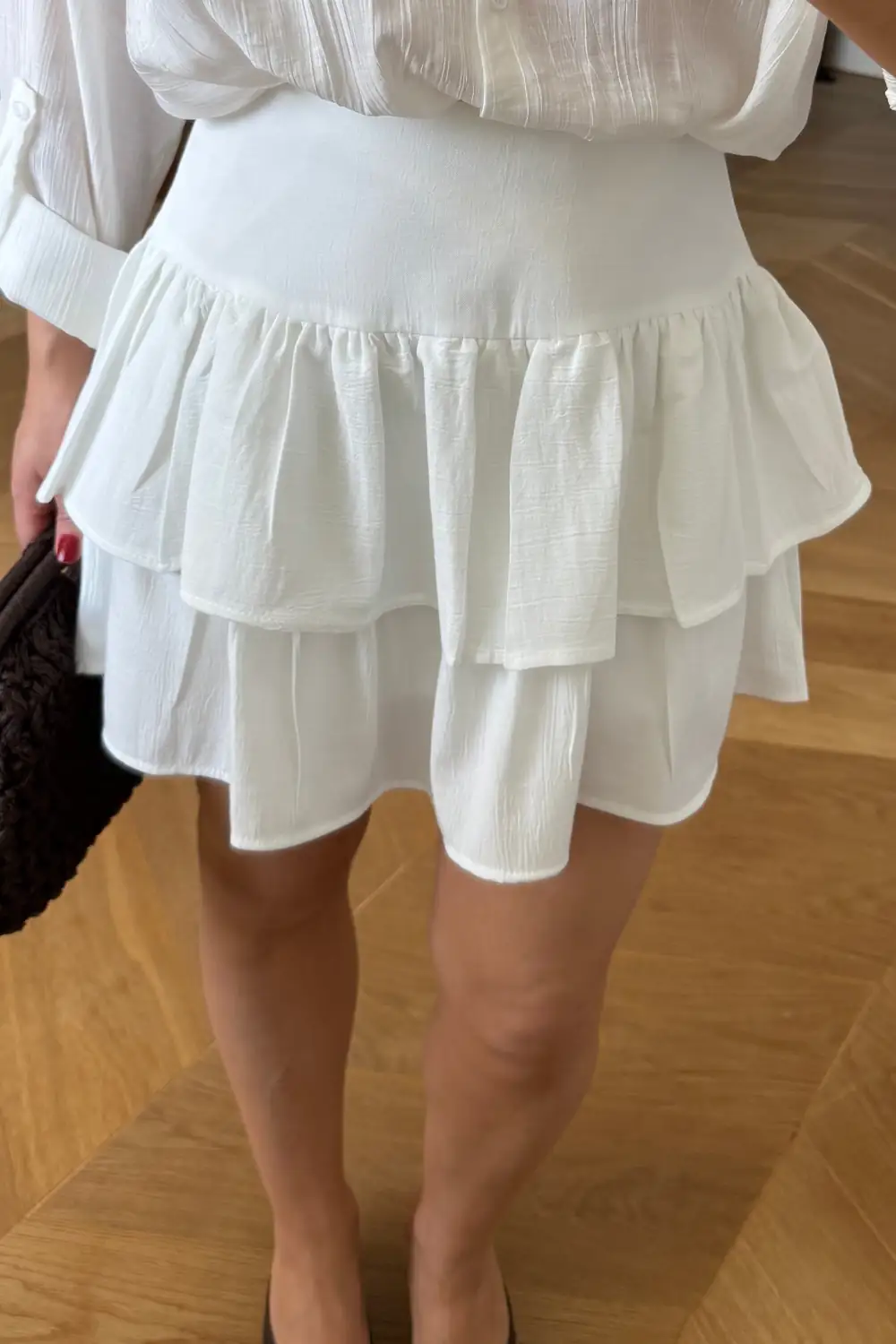 Volanlı Mini Şort Etek - Beyaz