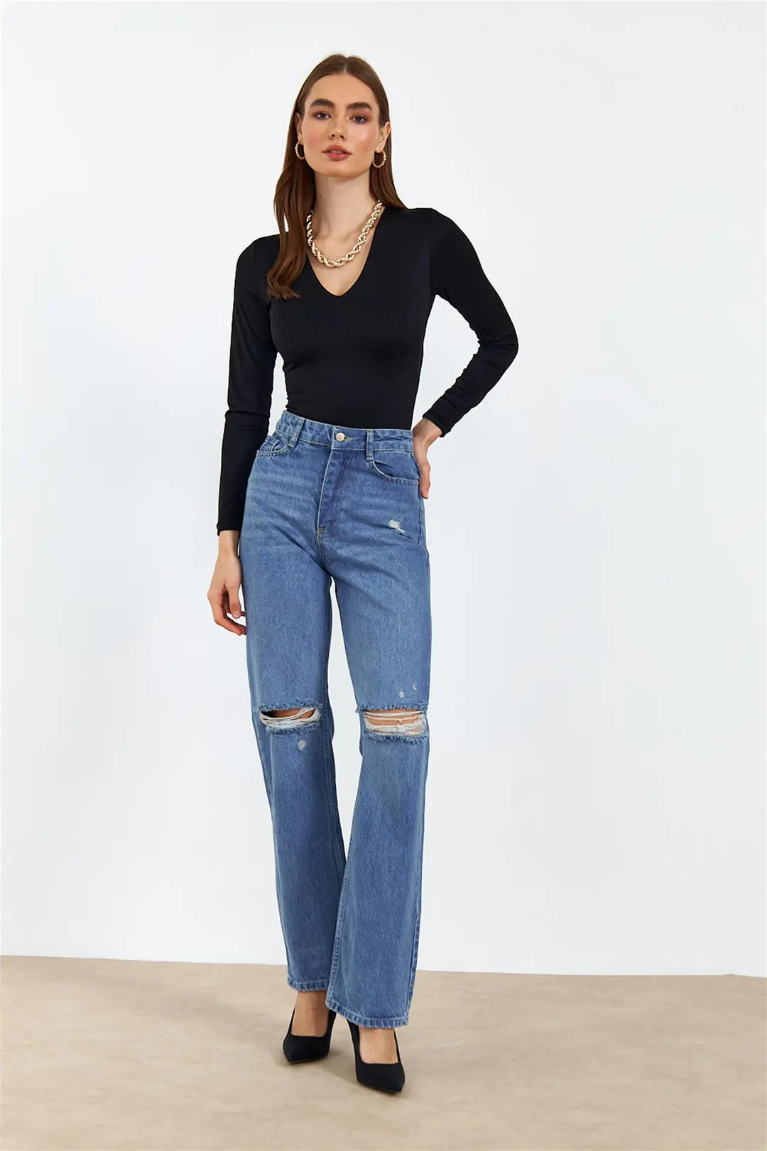 V Yaka Uzun Kollu Body Suit