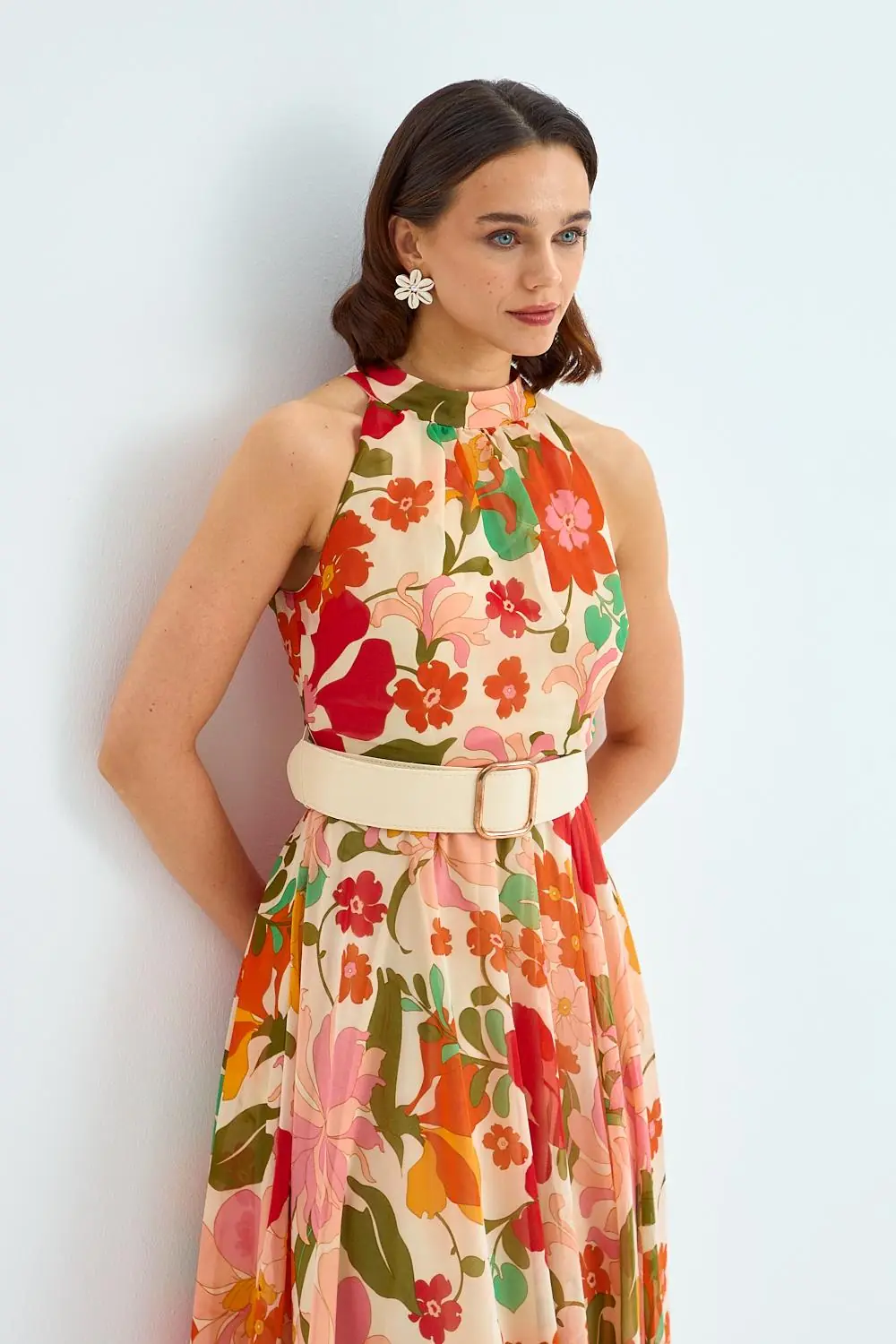 Halter Yaka Desenli Midi Şifon Elbise 7