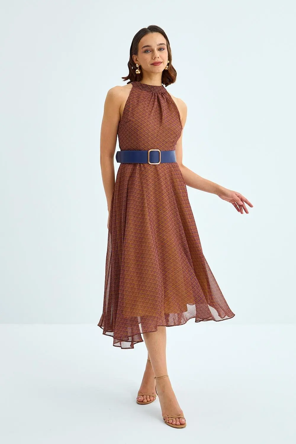 Halter Yaka Kemerli Midi Şifon Elbise 4