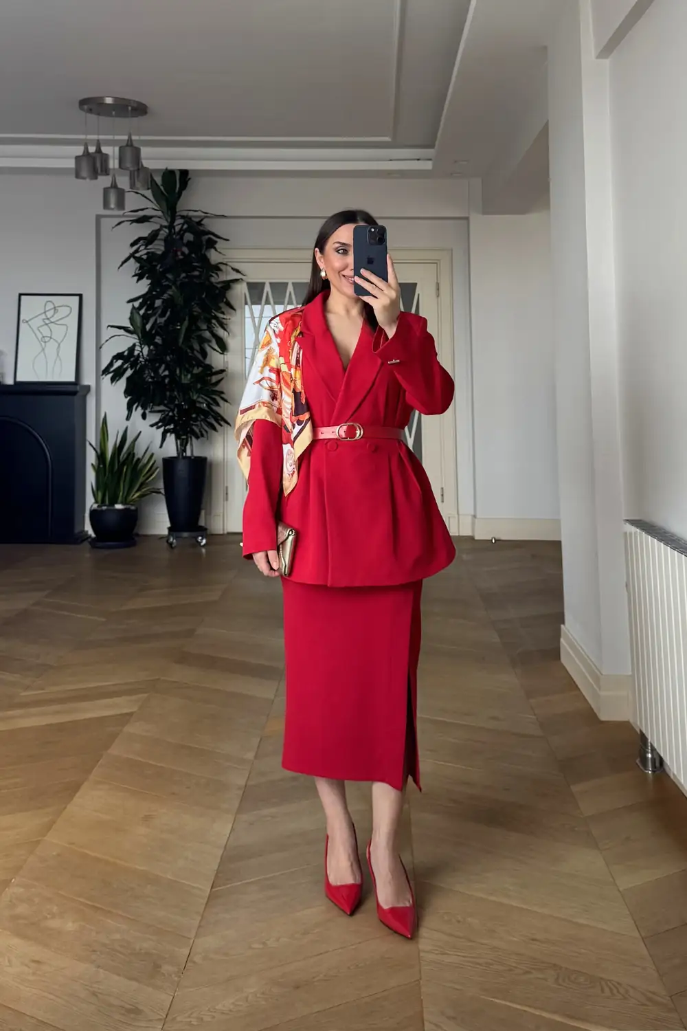 Kemerli Blazer Kadın Ceket - Kırmızı