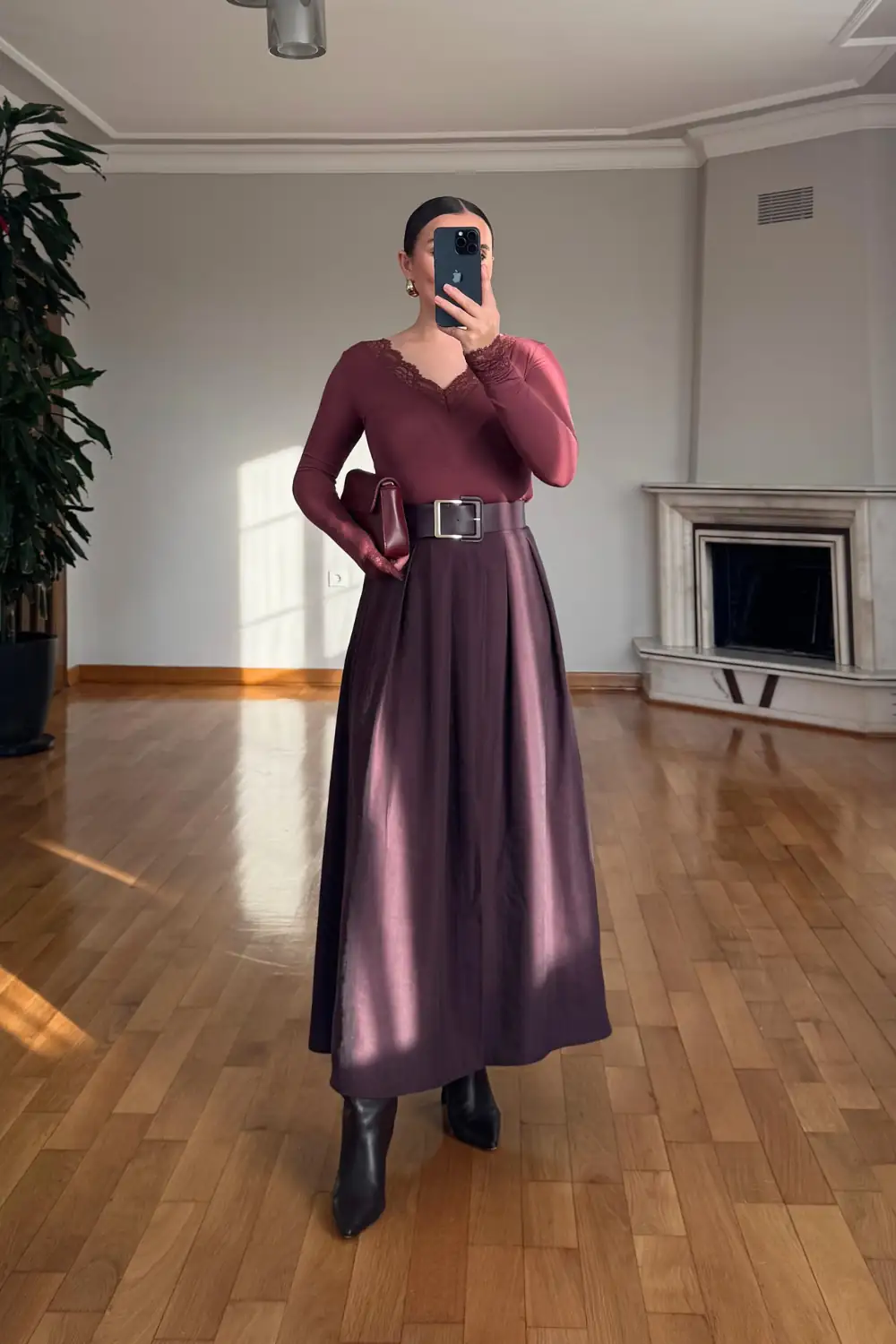Kemerli Kloş Midi Etek - Mürdüm