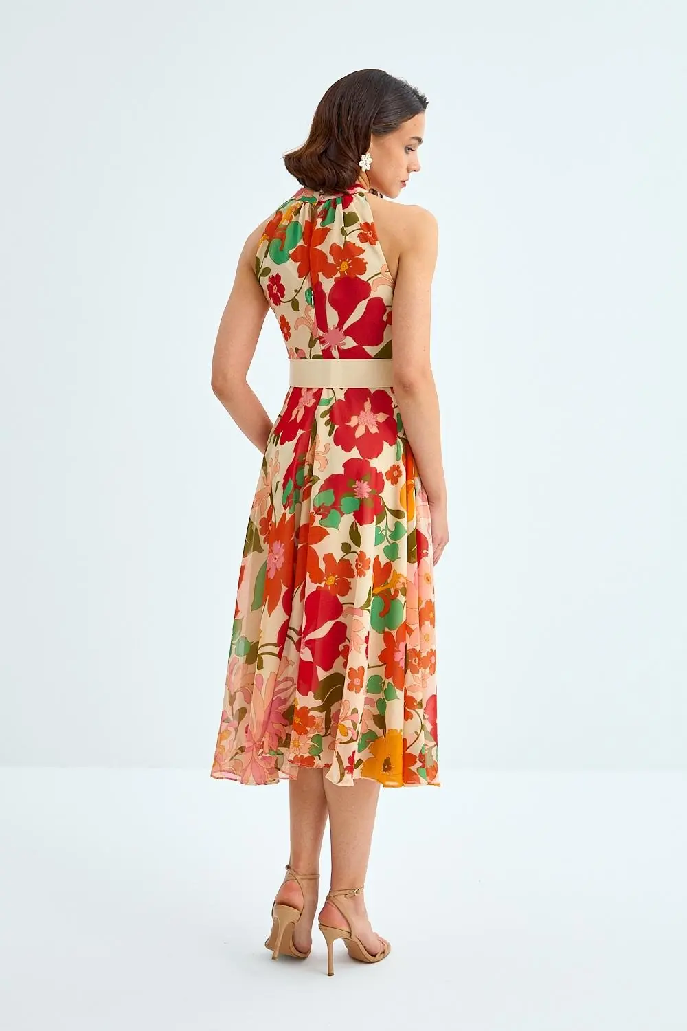 Halter Yaka Desenli Midi Şifon Elbise 5