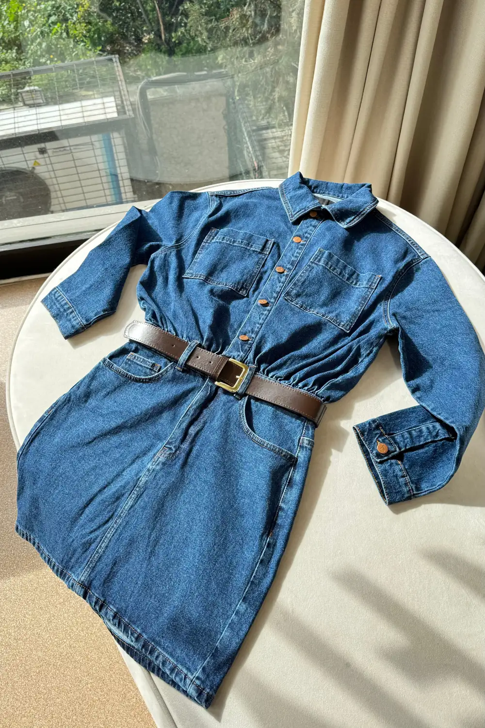Gömlek Yaka Kemerli Mini Denim Elbise 5