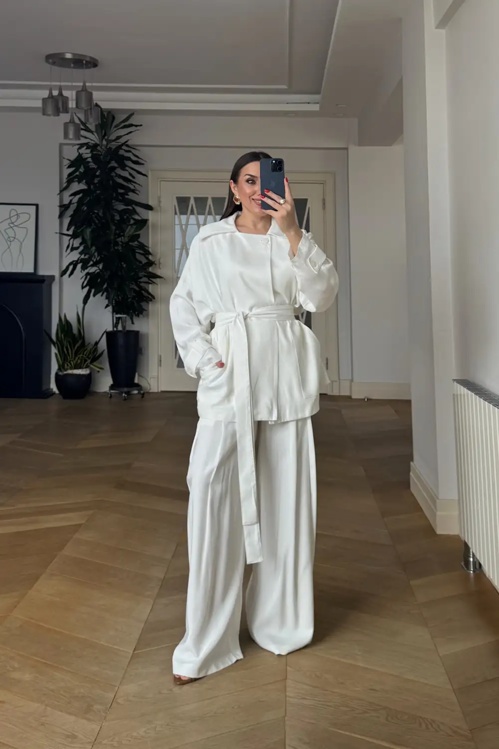 Tek Düğmeli Kuşaklı Ceket Pantolon Kadın Takım - Ekru
