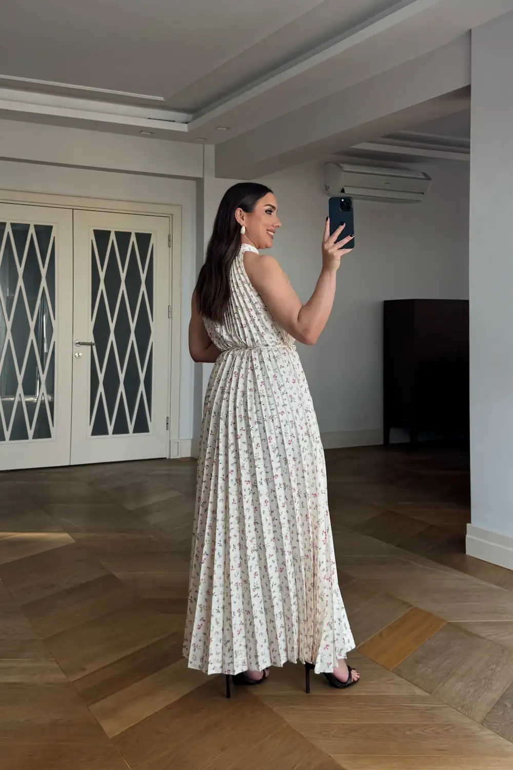 Halter Yaka Çiçek Desenli Midi Elbise - Sarı
