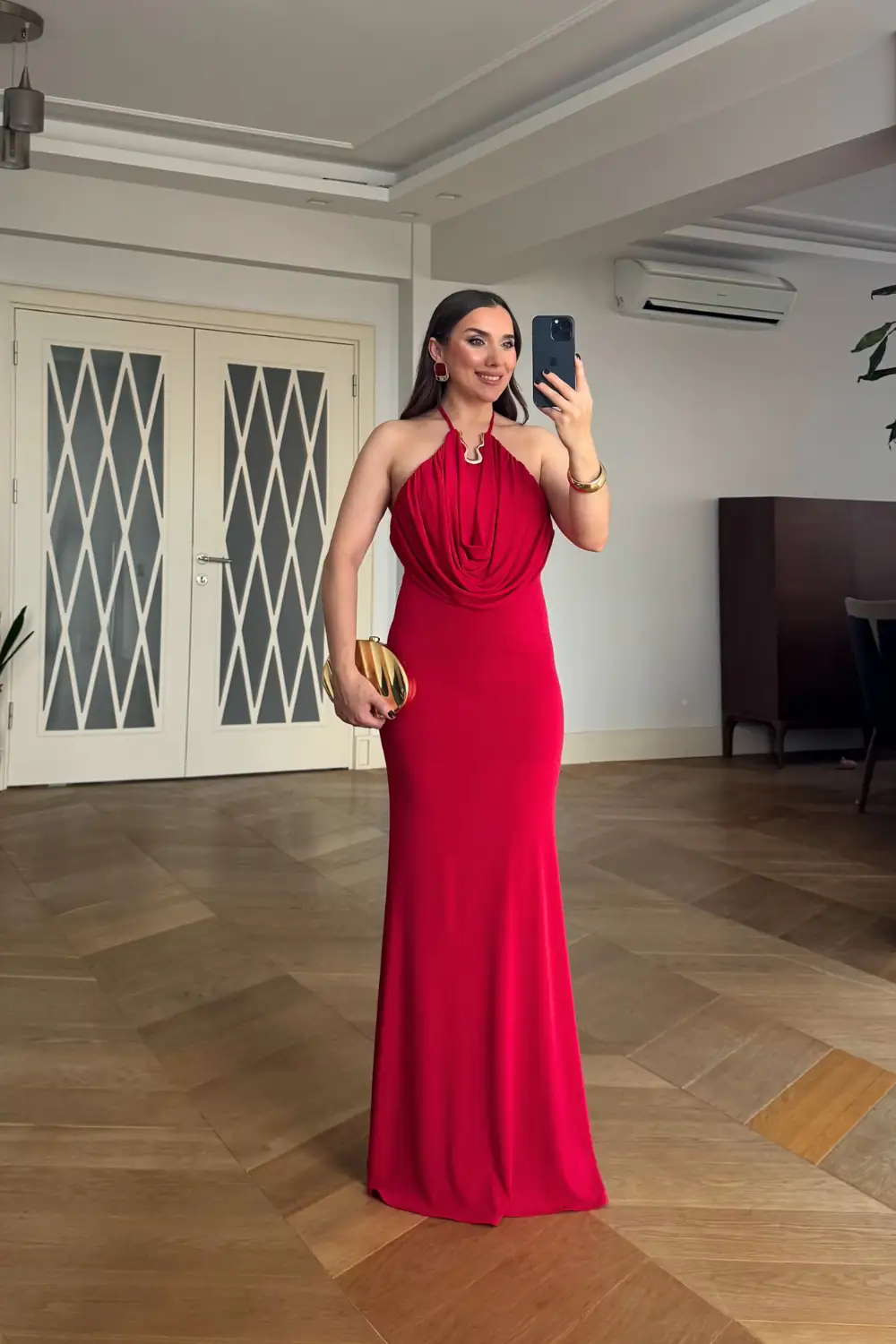 Degaje Yaka Boyundan Bağlamalı Uzun Elbise - Kırmızı