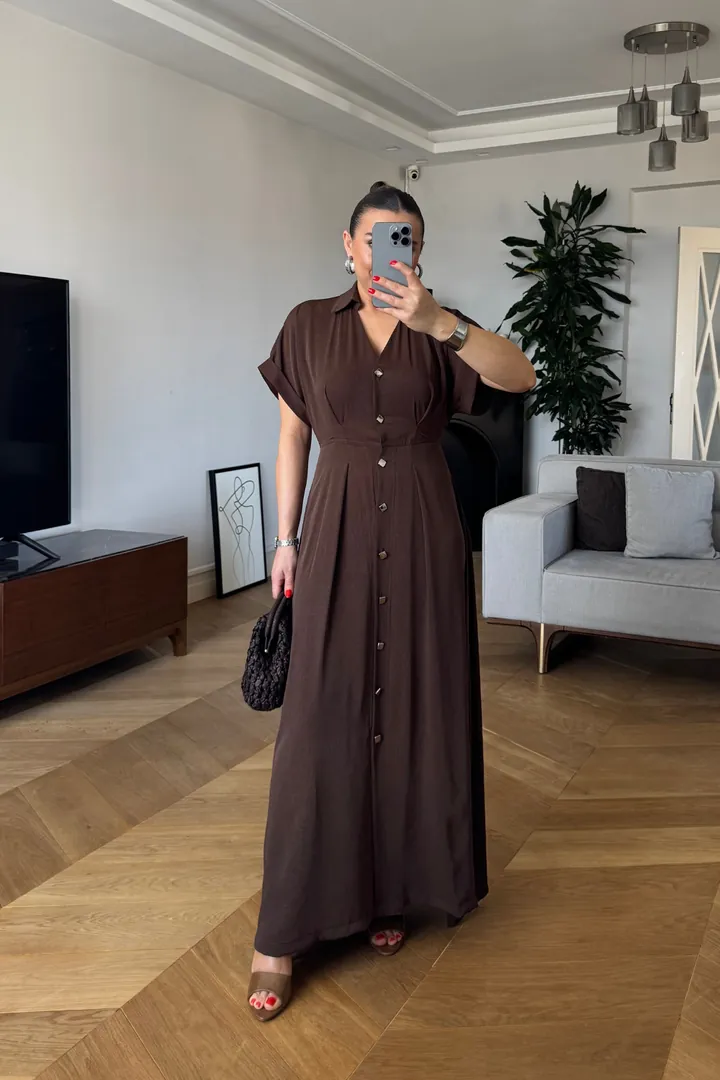 Kısa Kollu Uzun Gömlek Elbise - Kahverengi