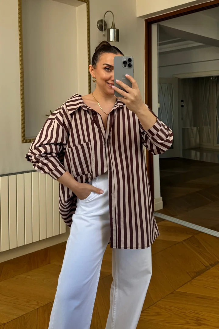Oversize Çizgili Kadın Gömlek 1