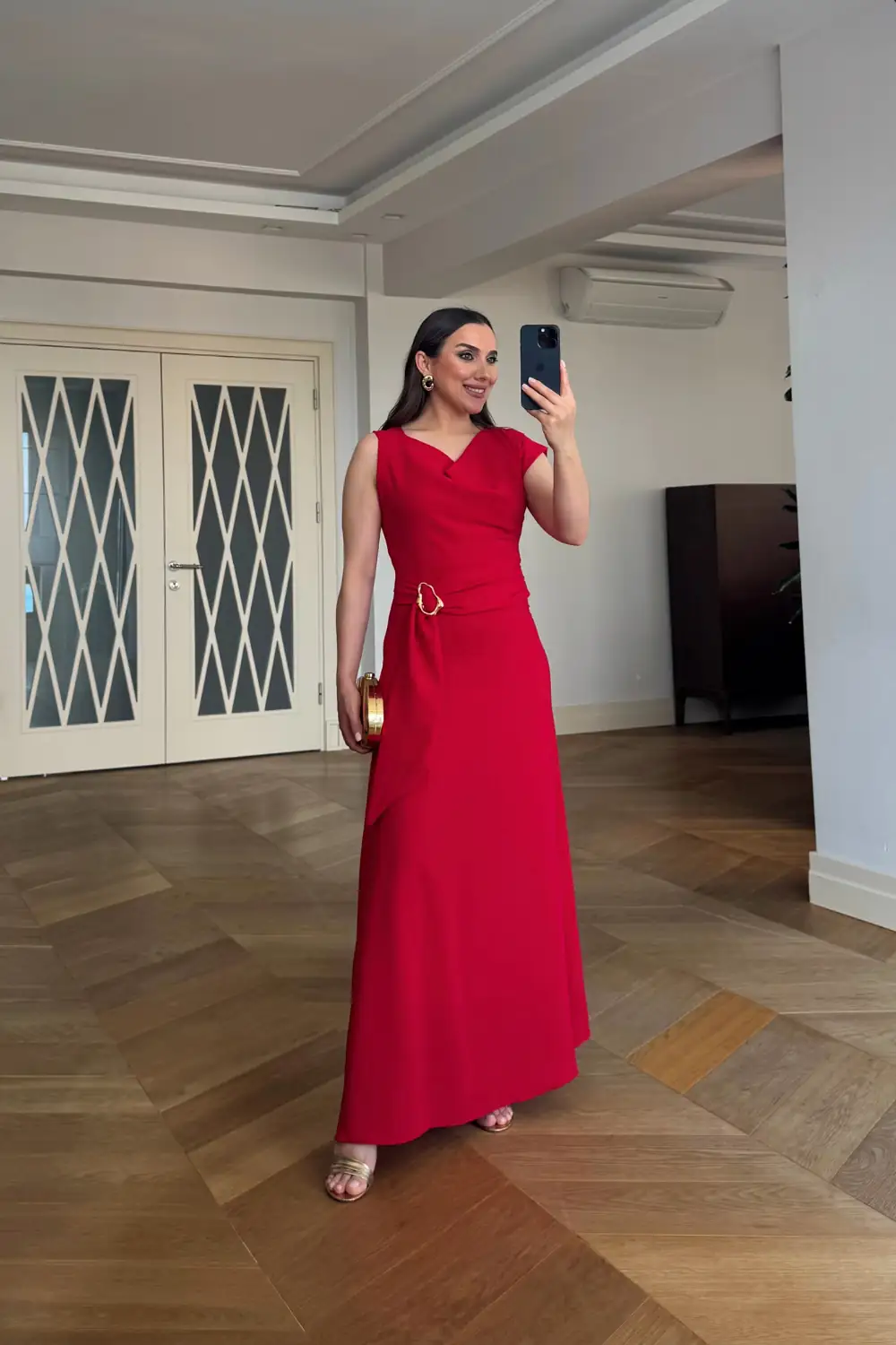 Degaje Yaka Kemer Detaylı Midi elbise - Kırmızı