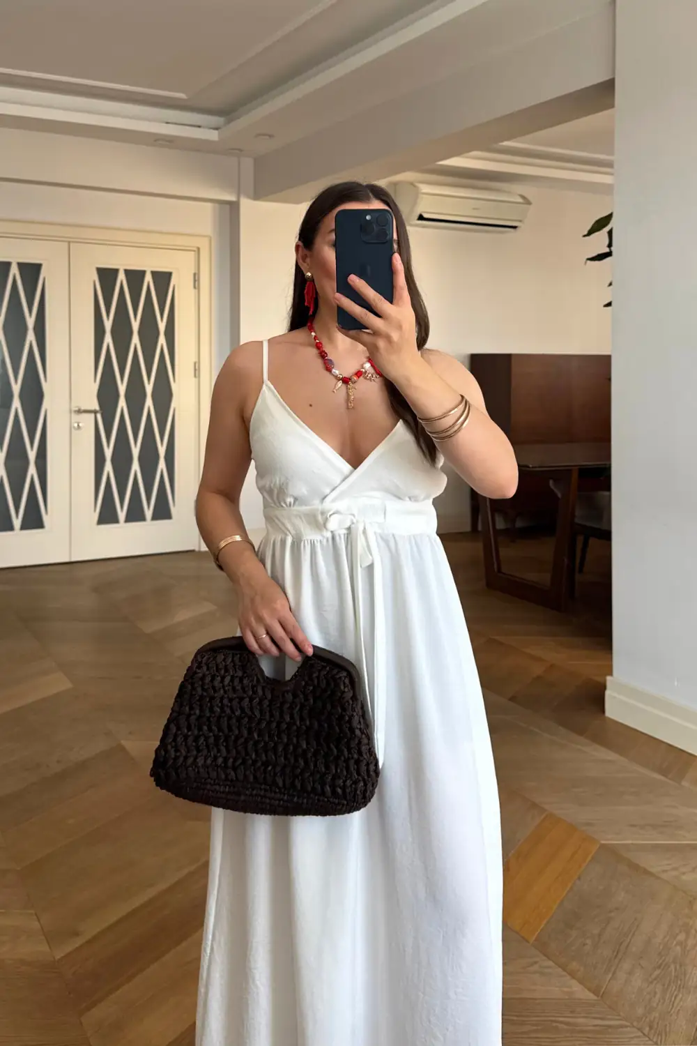 Askılı Beli Bağlamalı Uzun Elbise - Beyaz