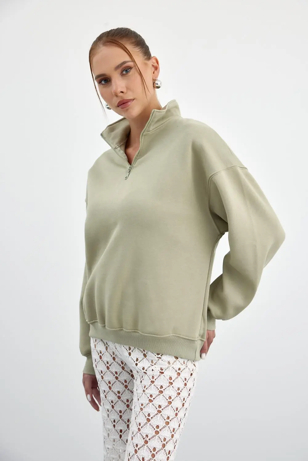 Yarım Fermuarlı Dik Yaka Kadın Sweatshirt 6
