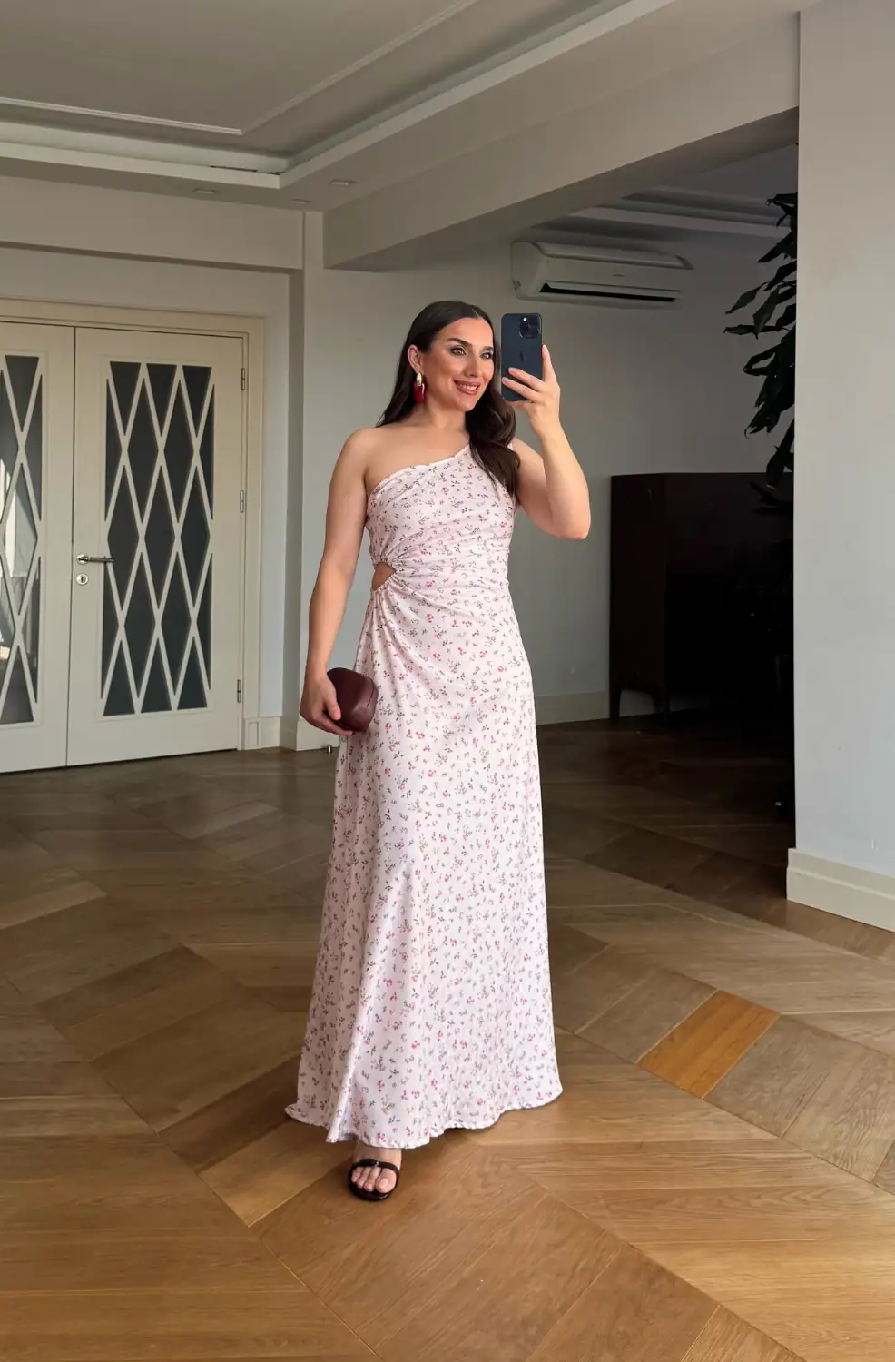 Çiçek Desenli Tek Omuz Uzun Elbise - Pembe