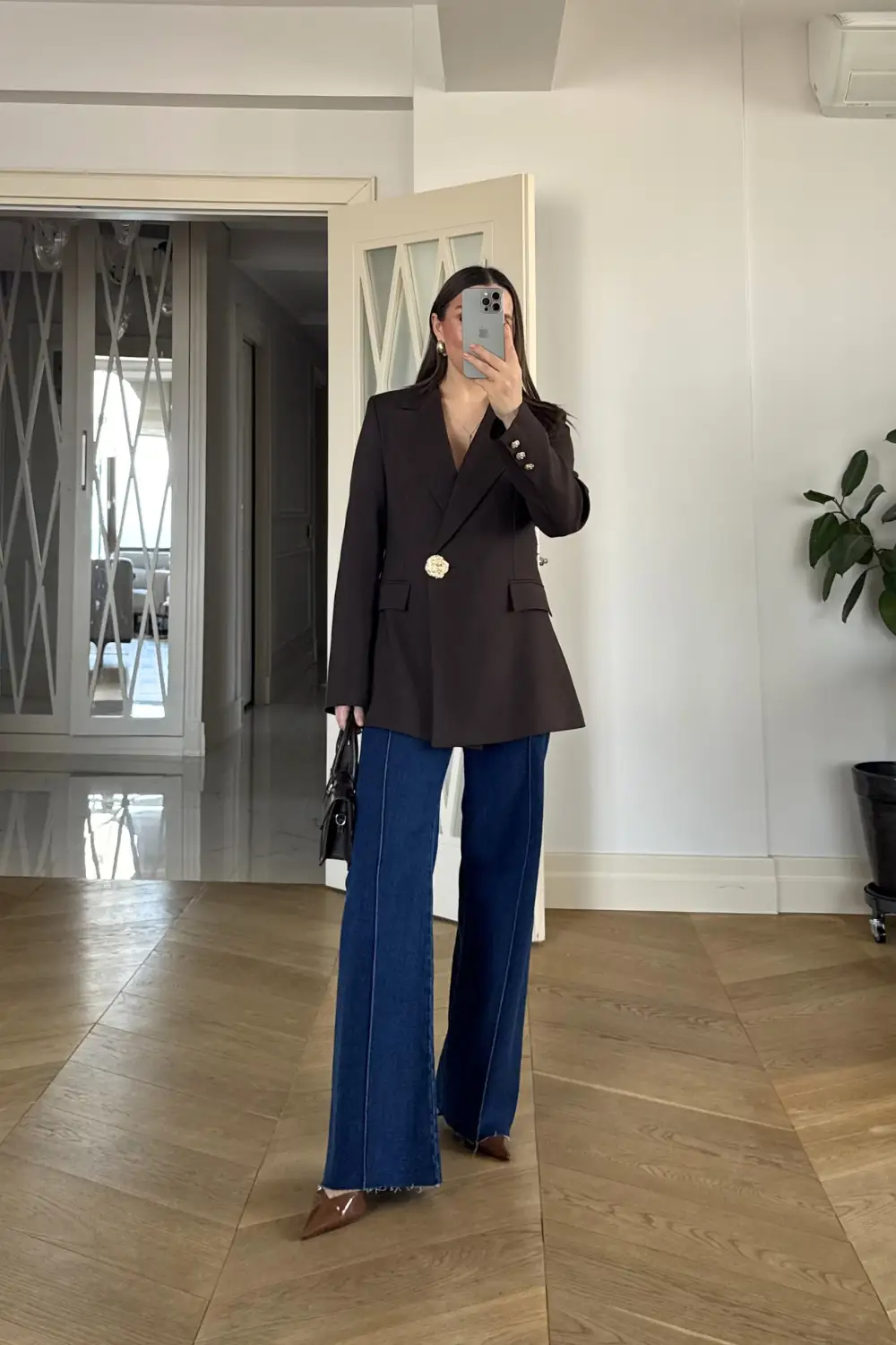 Gold Düğmeli Blazer Kadın Ceket - Kahverengi