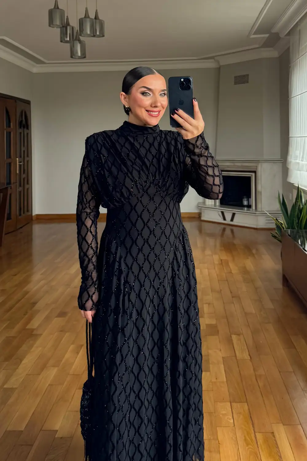 Dik Yaka Vatkalı Uzun Kollu Maxi Elbise 7