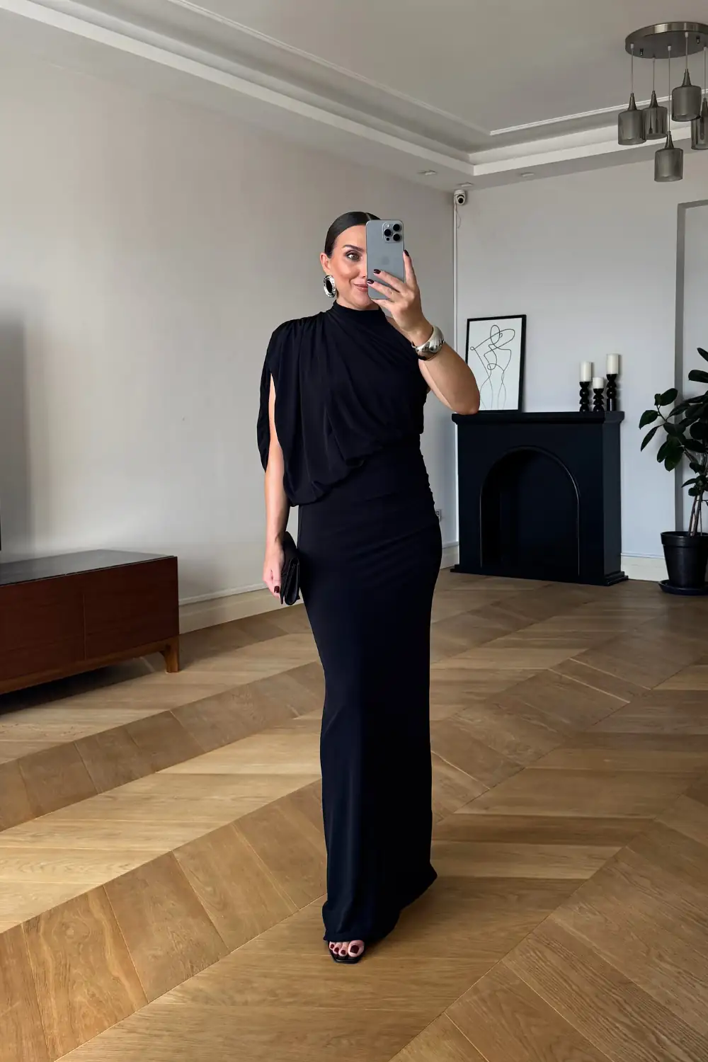 Tek Omuz Drape Detaylı Uzun Elbise 4