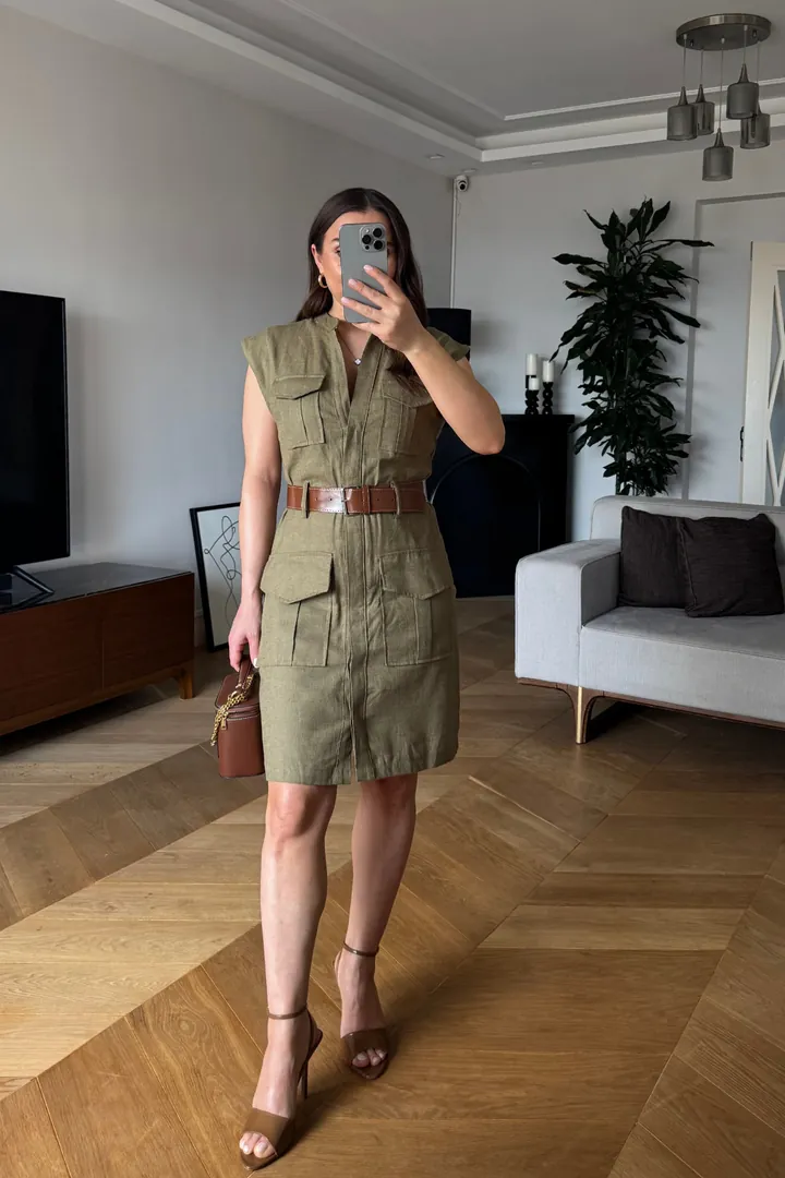 Kemerli Keten Mini Elbise 7